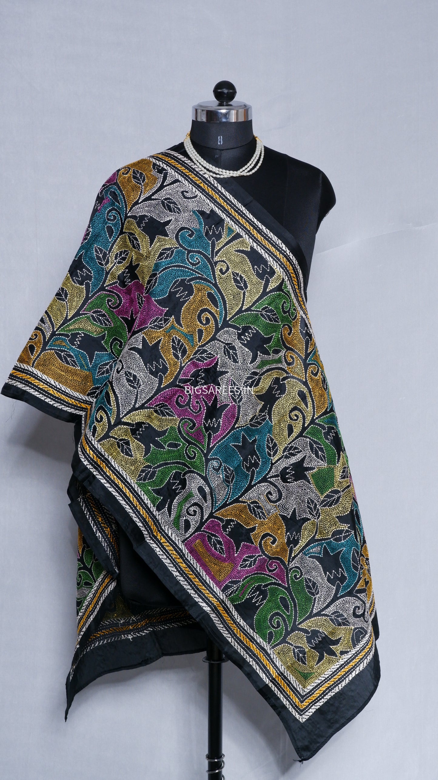 Kantha Art Silk Stole | Black | 22" |