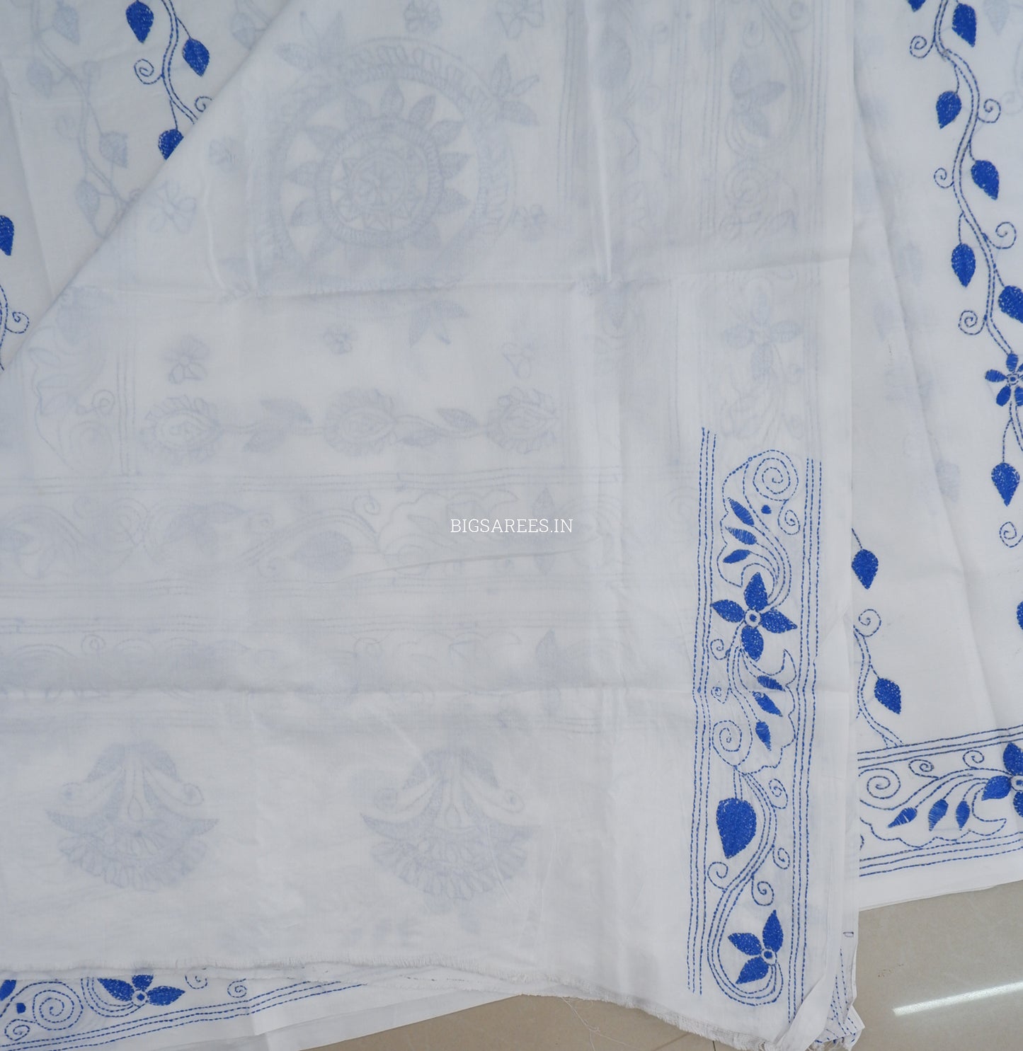 Kantha - Stitch Hand Embroidered Saree | Blended Bangalore Silk / Art Silk | White