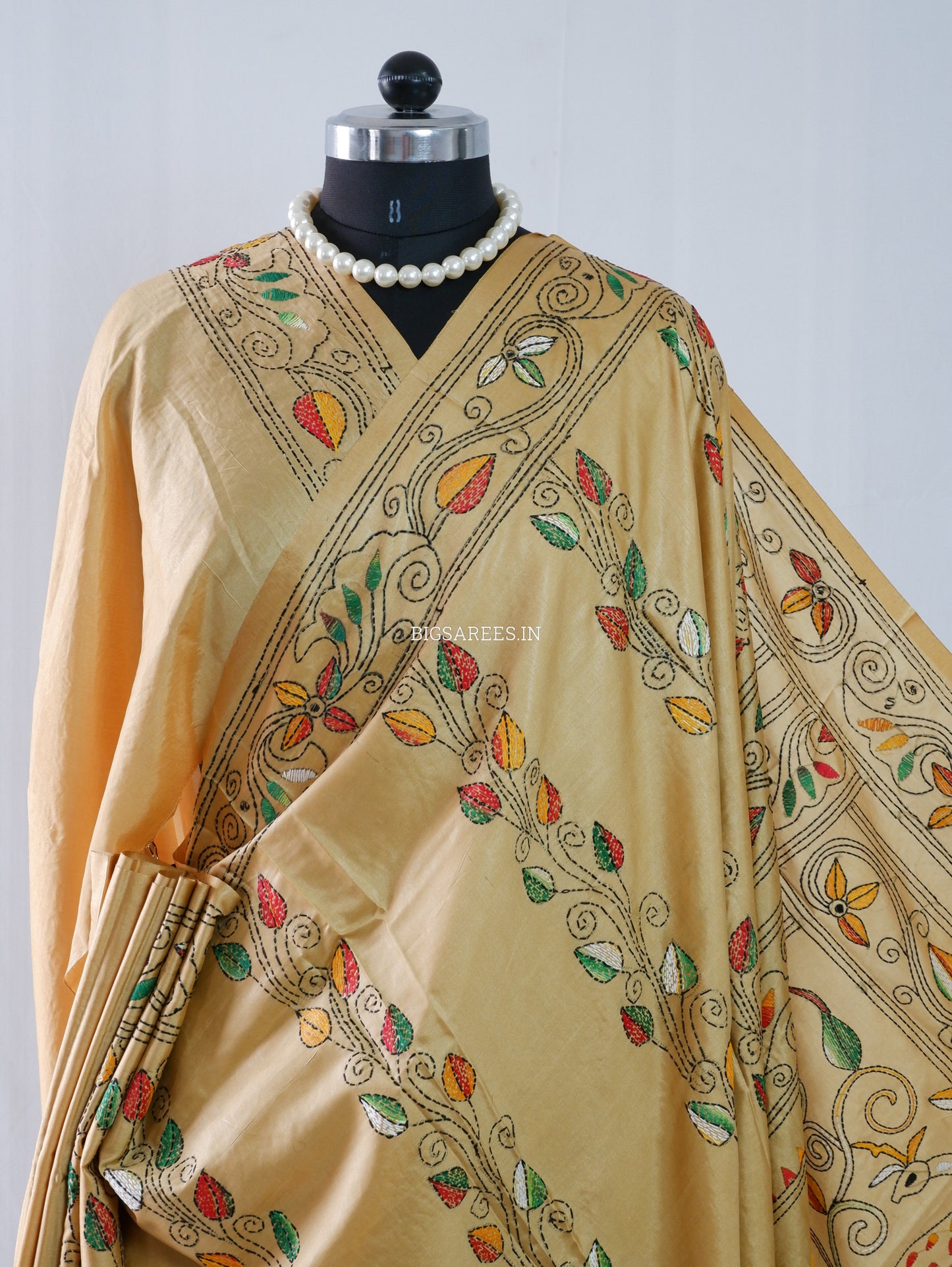 Kantha - Stitch Hand Embroidered Saree | Blended Bangalore Silk / Art Silk | Golden Sand