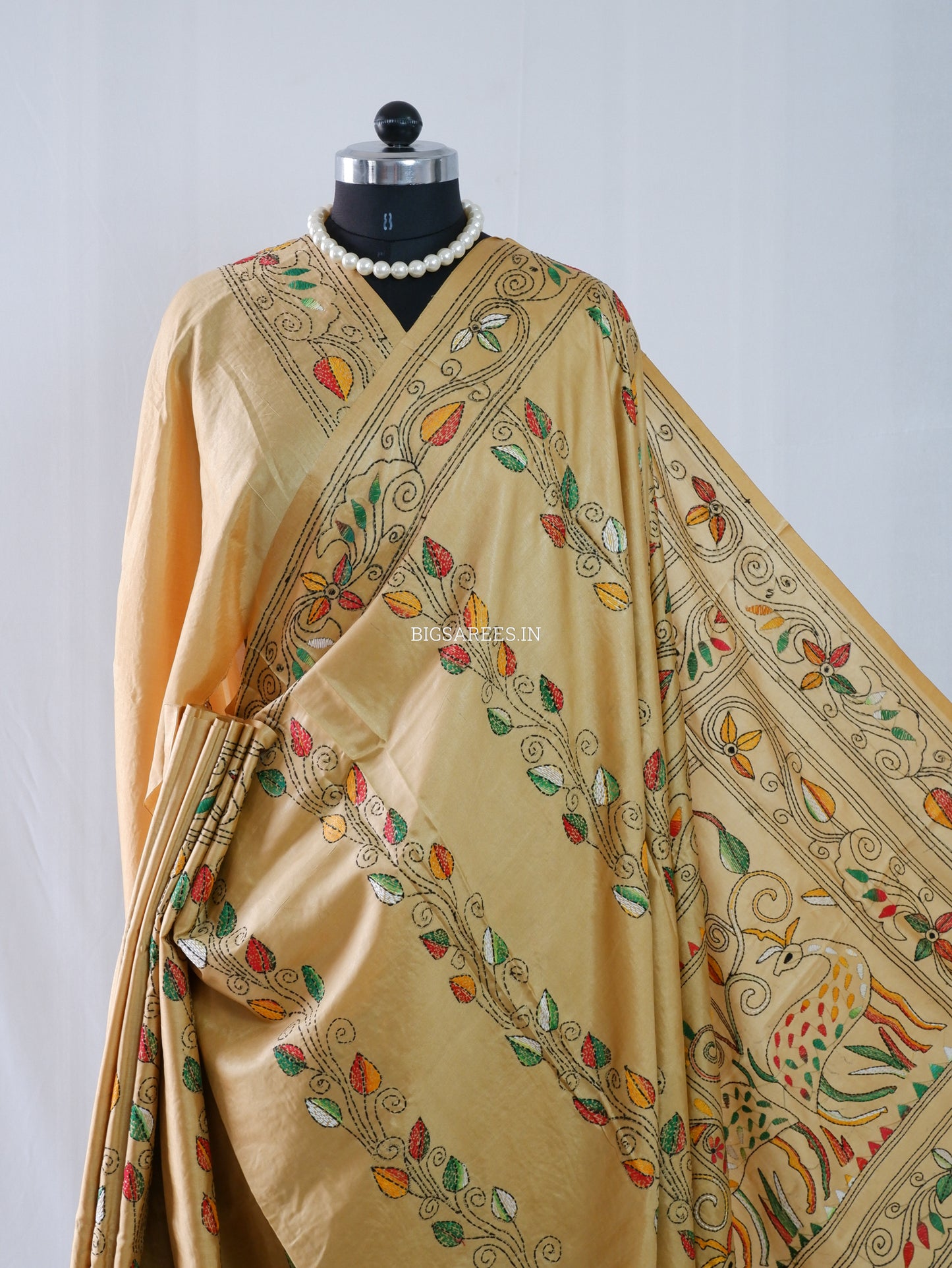 Kantha - Stitch Hand Embroidered Saree | Blended Bangalore Silk / Art Silk | Golden Sand