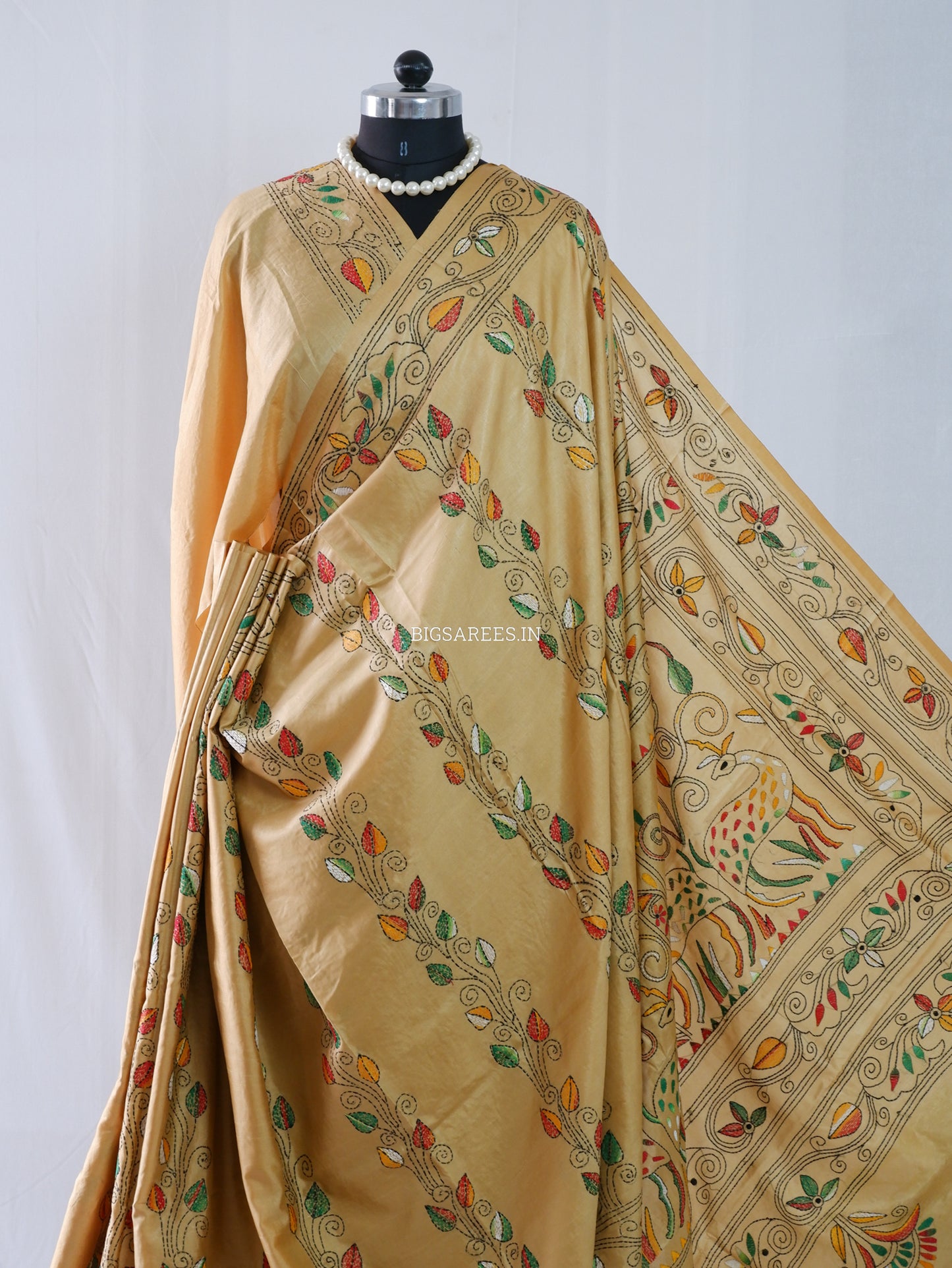 Kantha - Stitch Hand Embroidered Saree | Blended Bangalore Silk / Art Silk | Golden Sand