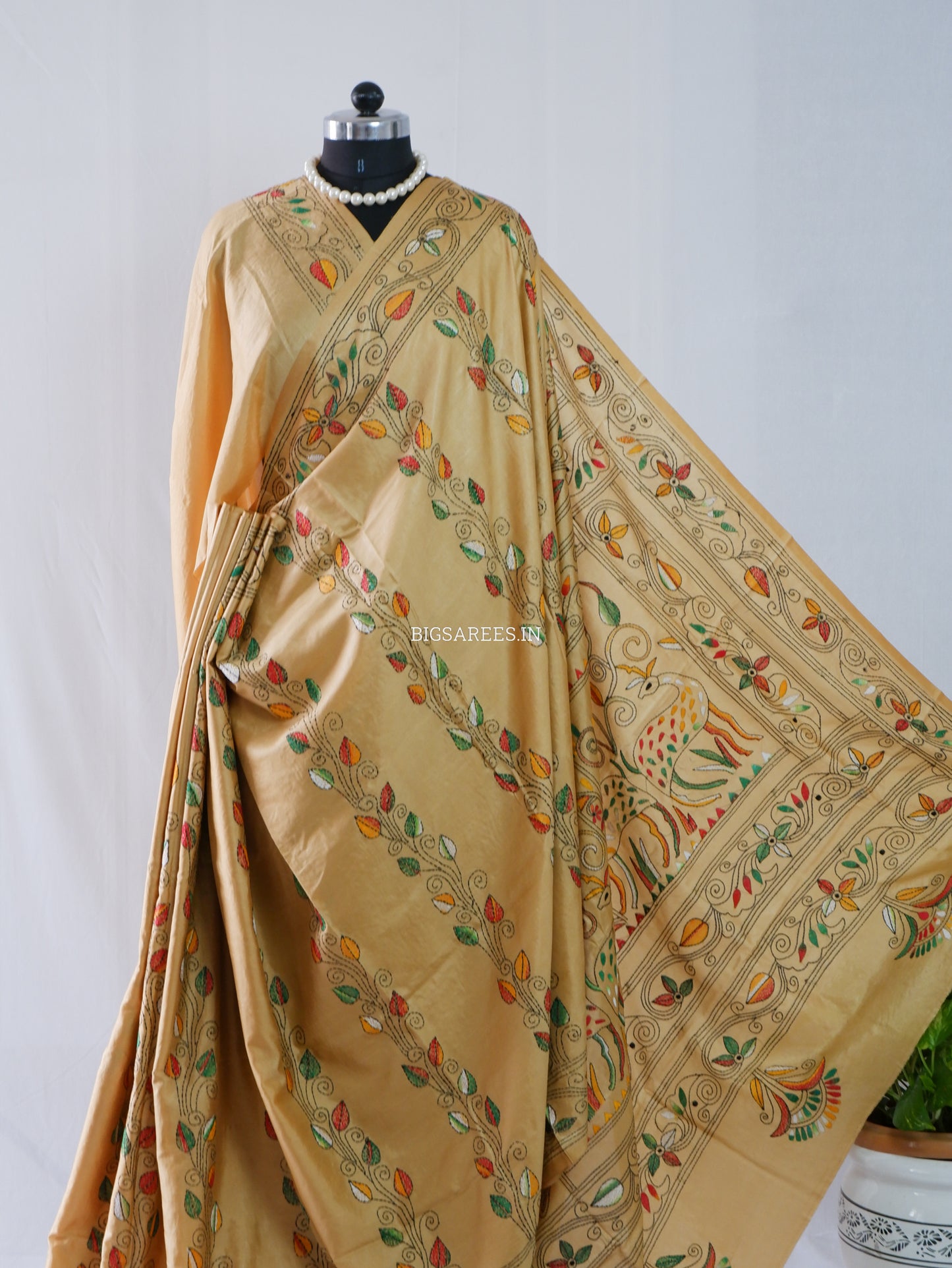 Kantha - Stitch Hand Embroidered Saree | Blended Bangalore Silk / Art Silk | Golden Sand