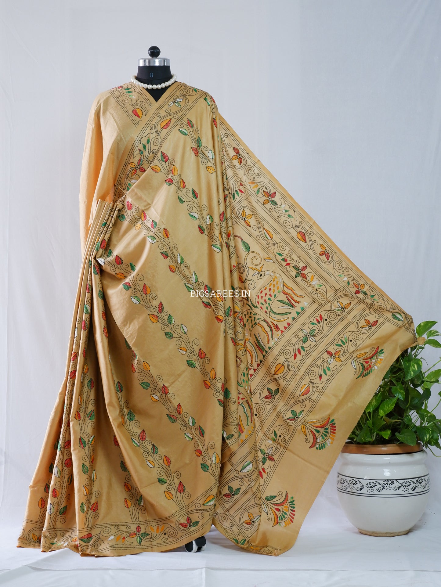 Kantha - Stitch Hand Embroidered Saree | Blended Bangalore Silk / Art Silk | Golden Sand