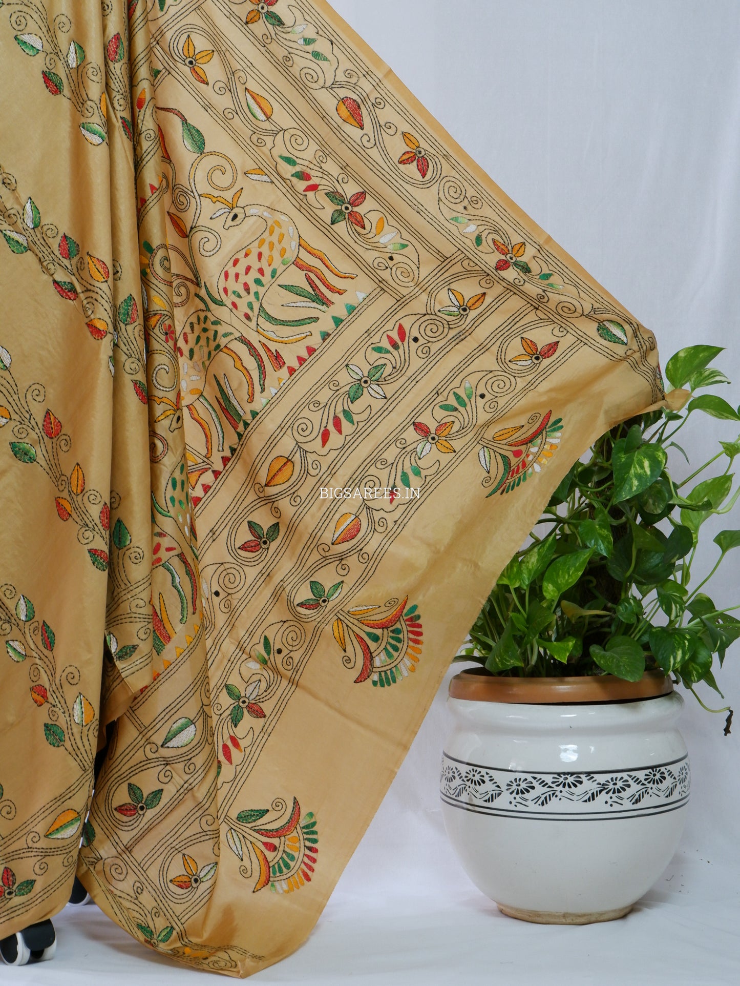 Kantha - Stitch Hand Embroidered Saree | Blended Bangalore Silk / Art Silk | Golden Sand