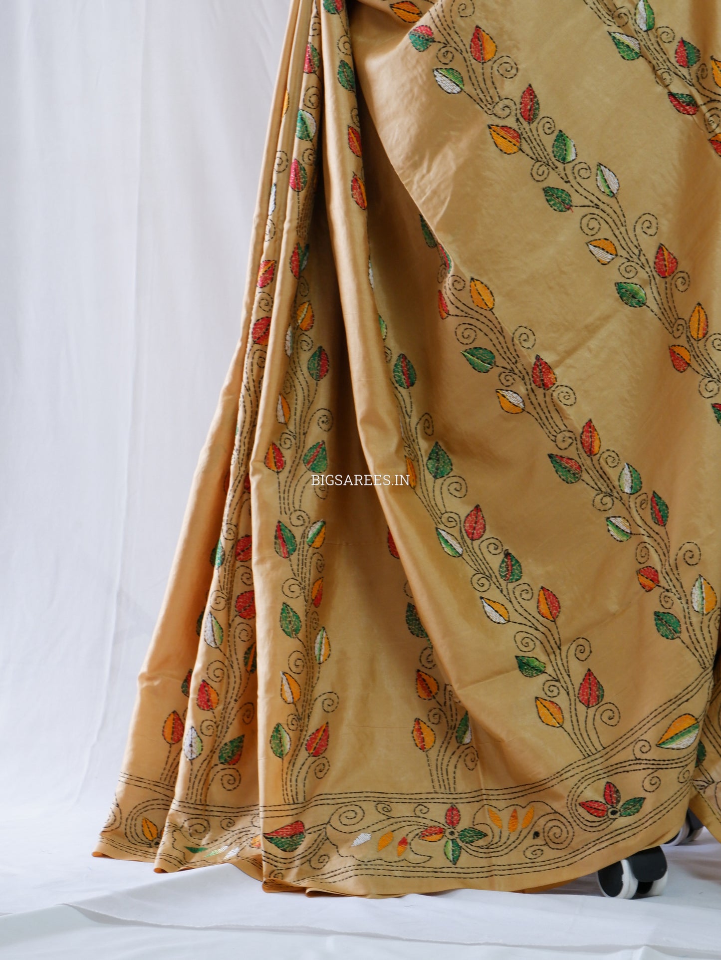 Kantha - Stitch Hand Embroidered Saree | Blended Bangalore Silk / Art Silk | Golden Sand