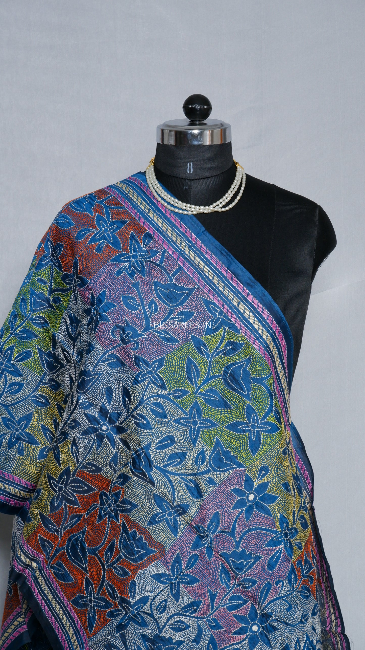 Kantha Art Silk Stole | Phthalo Blue | 22" |