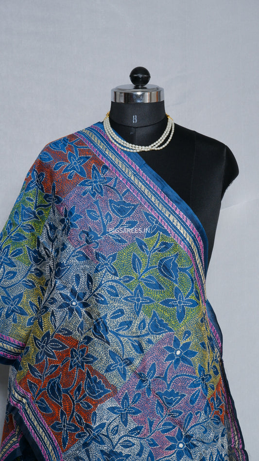 Kantha Art Silk Stole | Phthalo Blue | 22" |