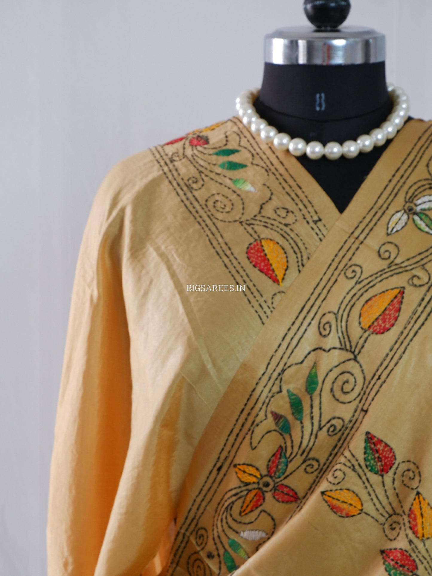 Kantha - Stitch Hand Embroidered Saree | Blended Bangalore Silk / Art Silk | Golden Sand