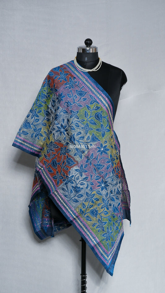 Kantha Art Silk Stole | Phthalo Blue | 22" |