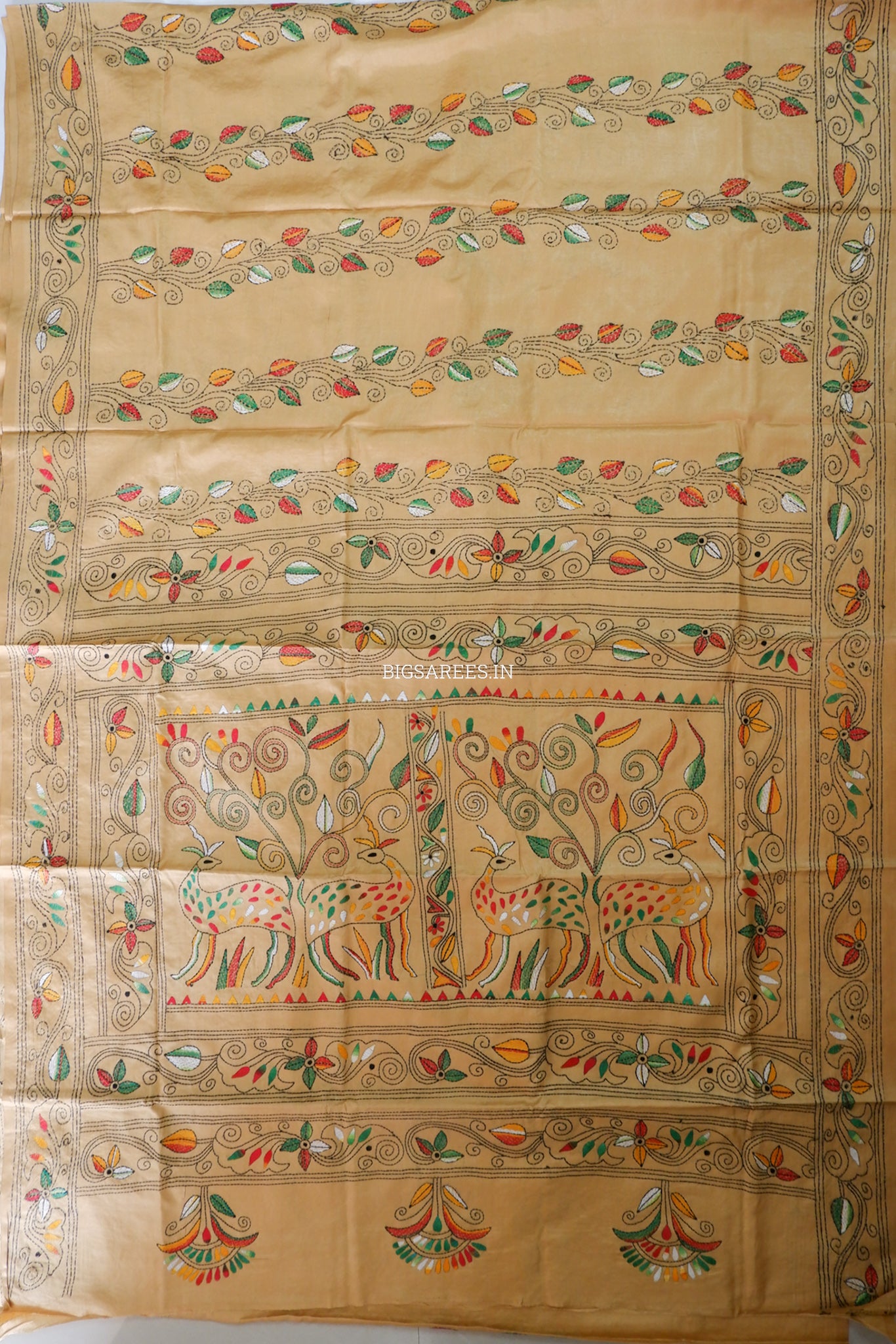 Kantha - Stitch Hand Embroidered Saree | Blended Bangalore Silk / Art Silk | Golden Sand