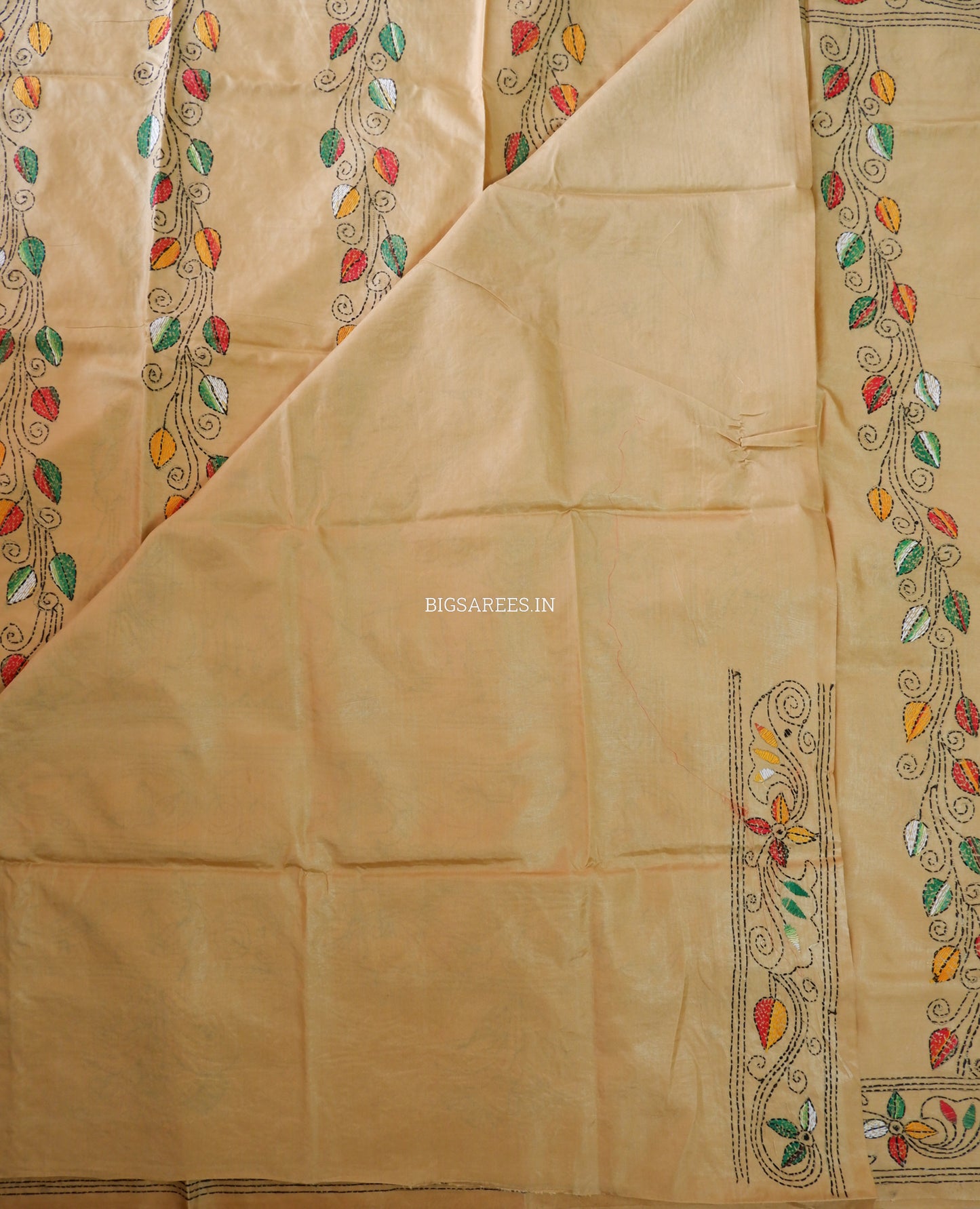 Kantha - Stitch Hand Embroidered Saree | Blended Bangalore Silk / Art Silk | Golden Sand