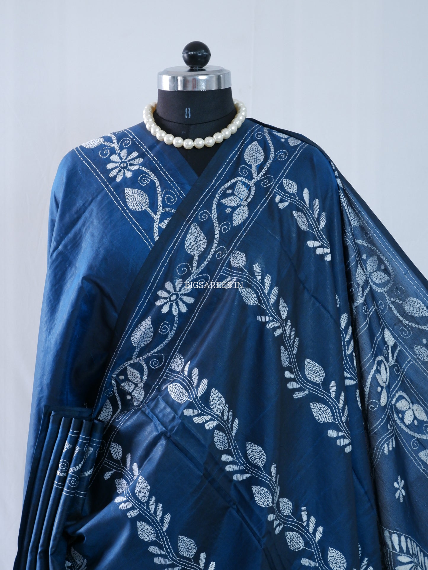 Kantha Stitch Hand Embroidered Saree | Blended Bangalore Silk / Art Silk | Blue