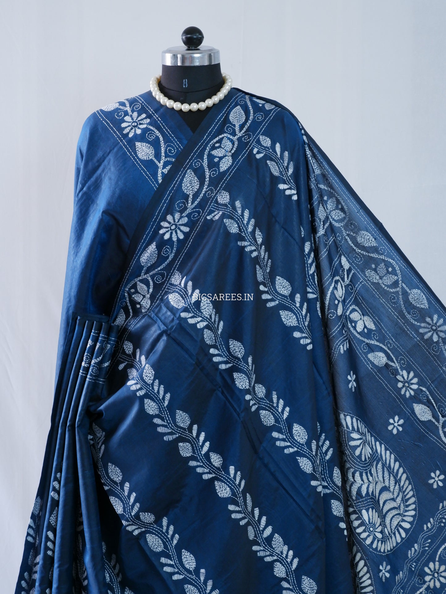 Kantha Stitch Hand Embroidered Saree | Blended Bangalore Silk / Art Silk | Blue