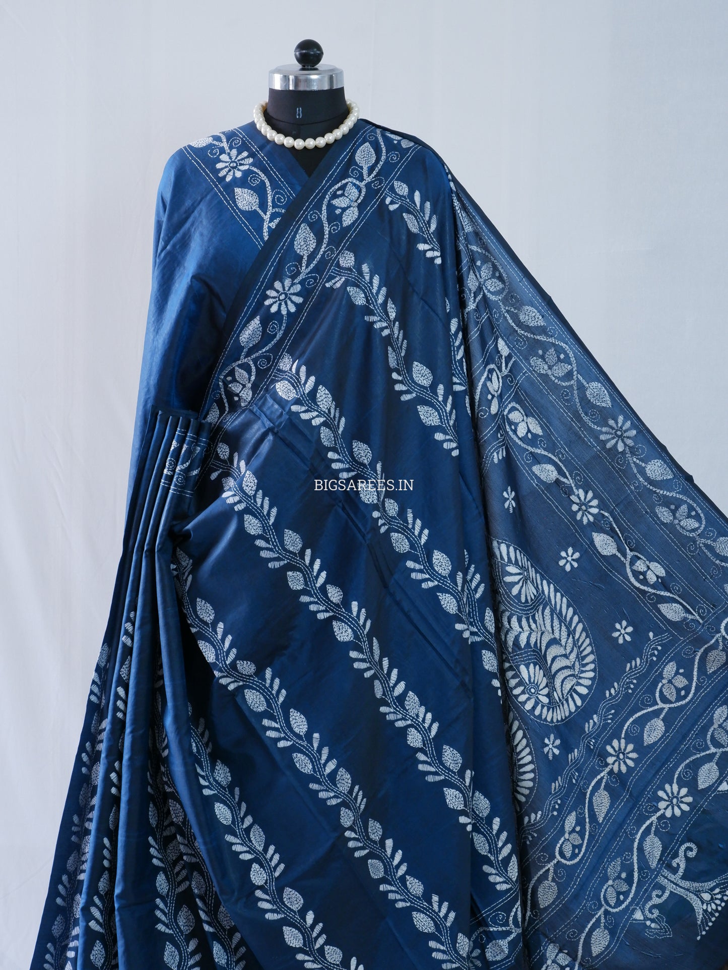 Kantha Stitch Hand Embroidered Saree | Blended Bangalore Silk / Art Silk | Blue