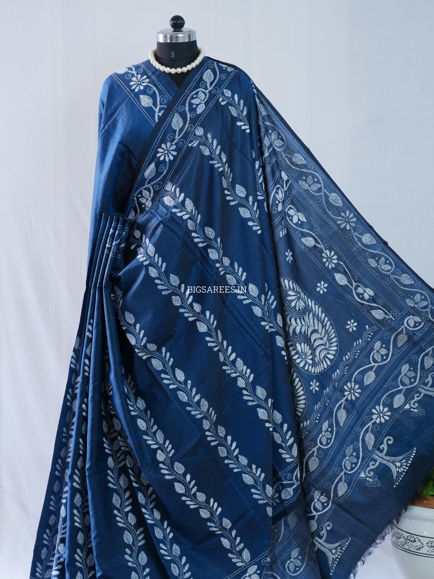 Kantha Stitch Hand Embroidered Saree | Blended Bangalore Silk / Art Silk | Blue
