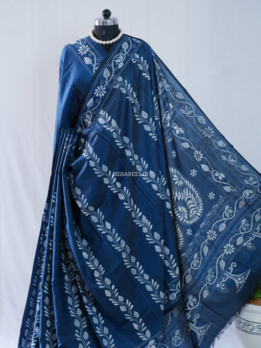 Kantha Stitch Hand Embroidered Saree | Blended Bangalore Silk / Art Silk | Blue