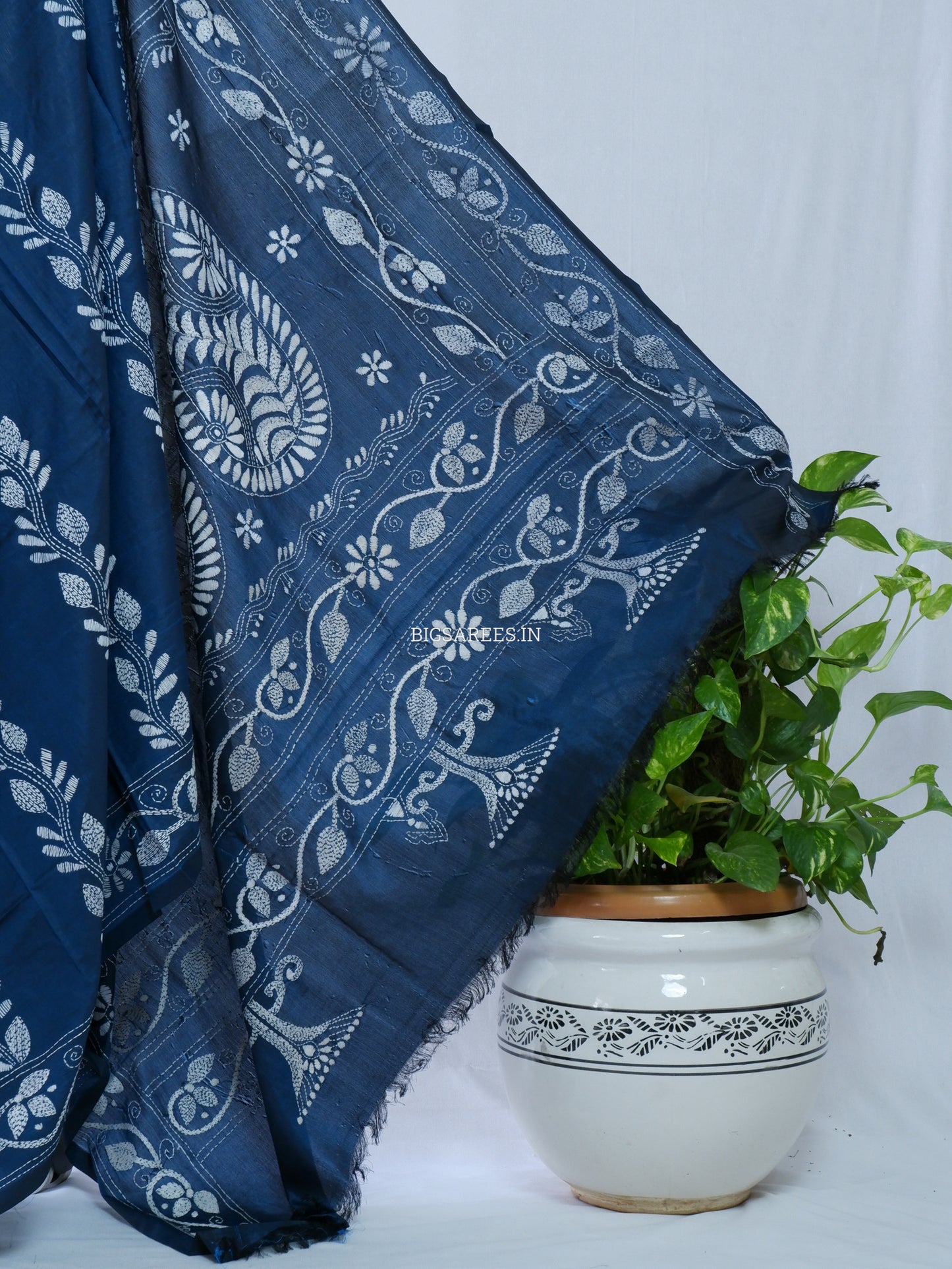 Kantha Stitch Hand Embroidered Saree | Blended Bangalore Silk / Art Silk | Blue