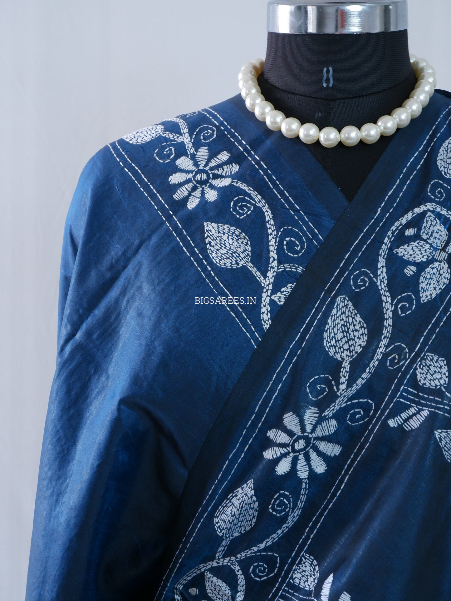 Kantha Stitch Hand Embroidered Saree | Blended Bangalore Silk / Art Silk | Blue