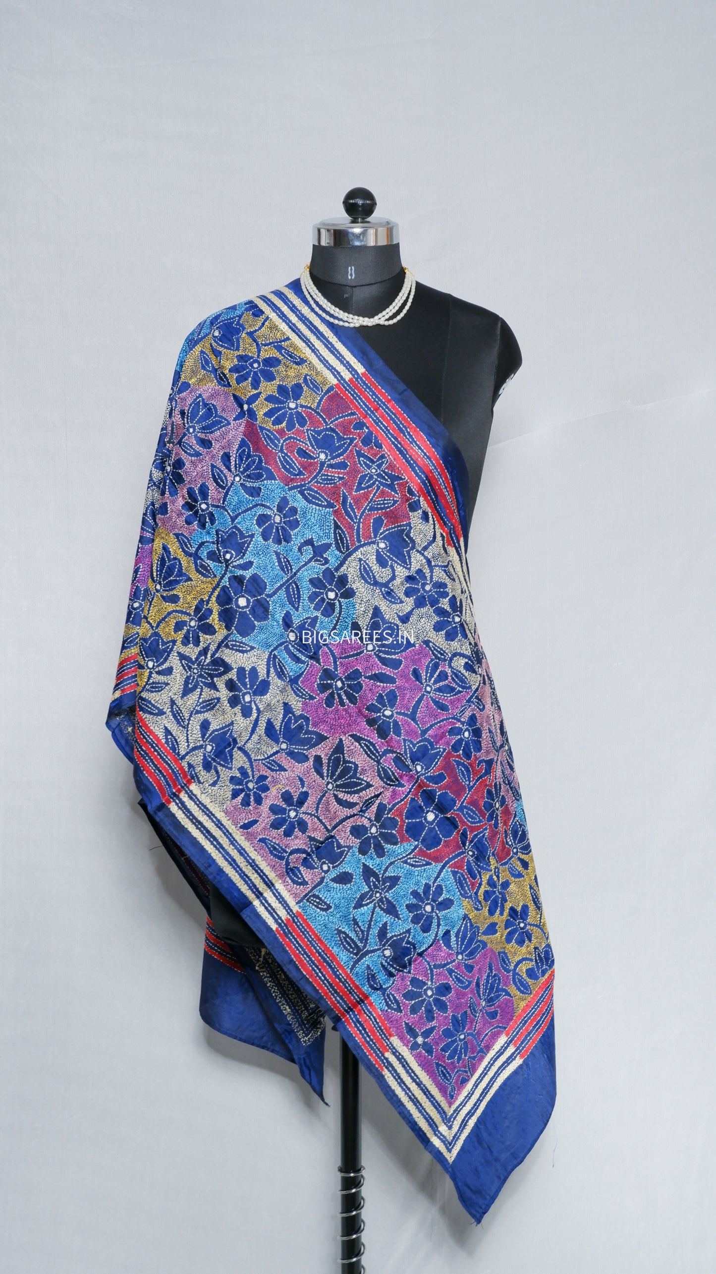 Kantha Art Silk Stole | Navy Blue | 22" |