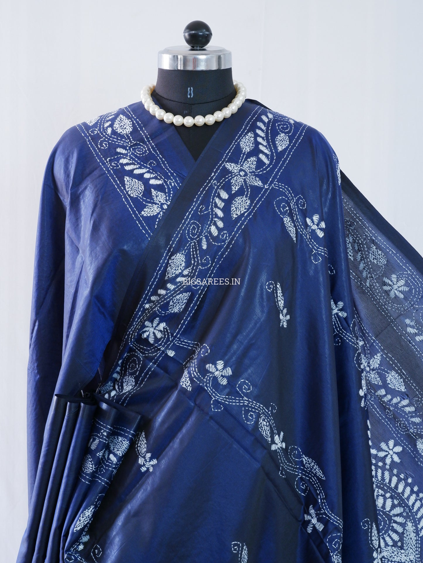 Kantha-Stitch Hand Embroidered Saree | Blended Bangalore Silk / Art Silk | Elegant Blue