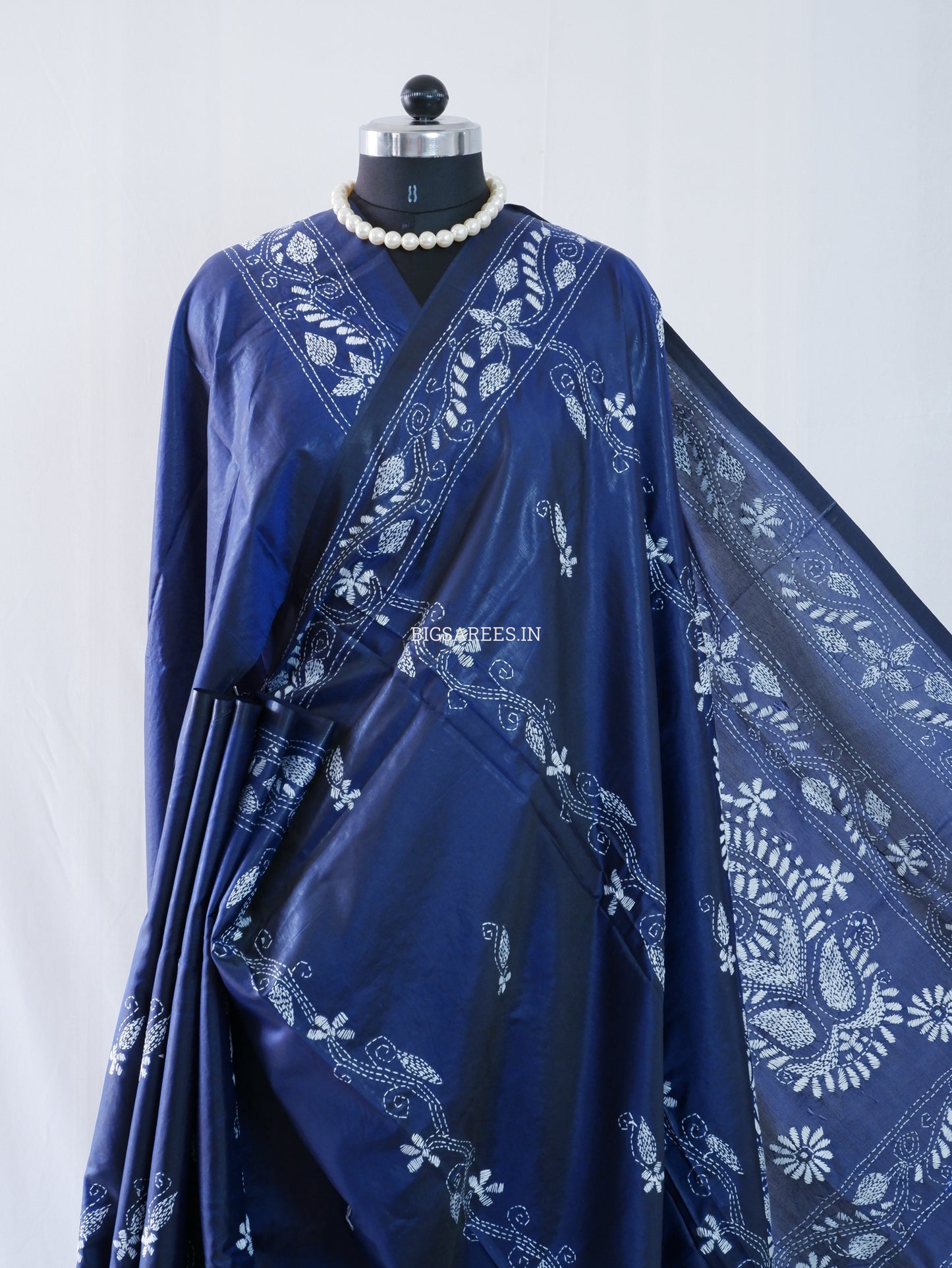 Kantha-Stitch Hand Embroidered Saree | Blended Bangalore Silk / Art Silk | Elegant Blue