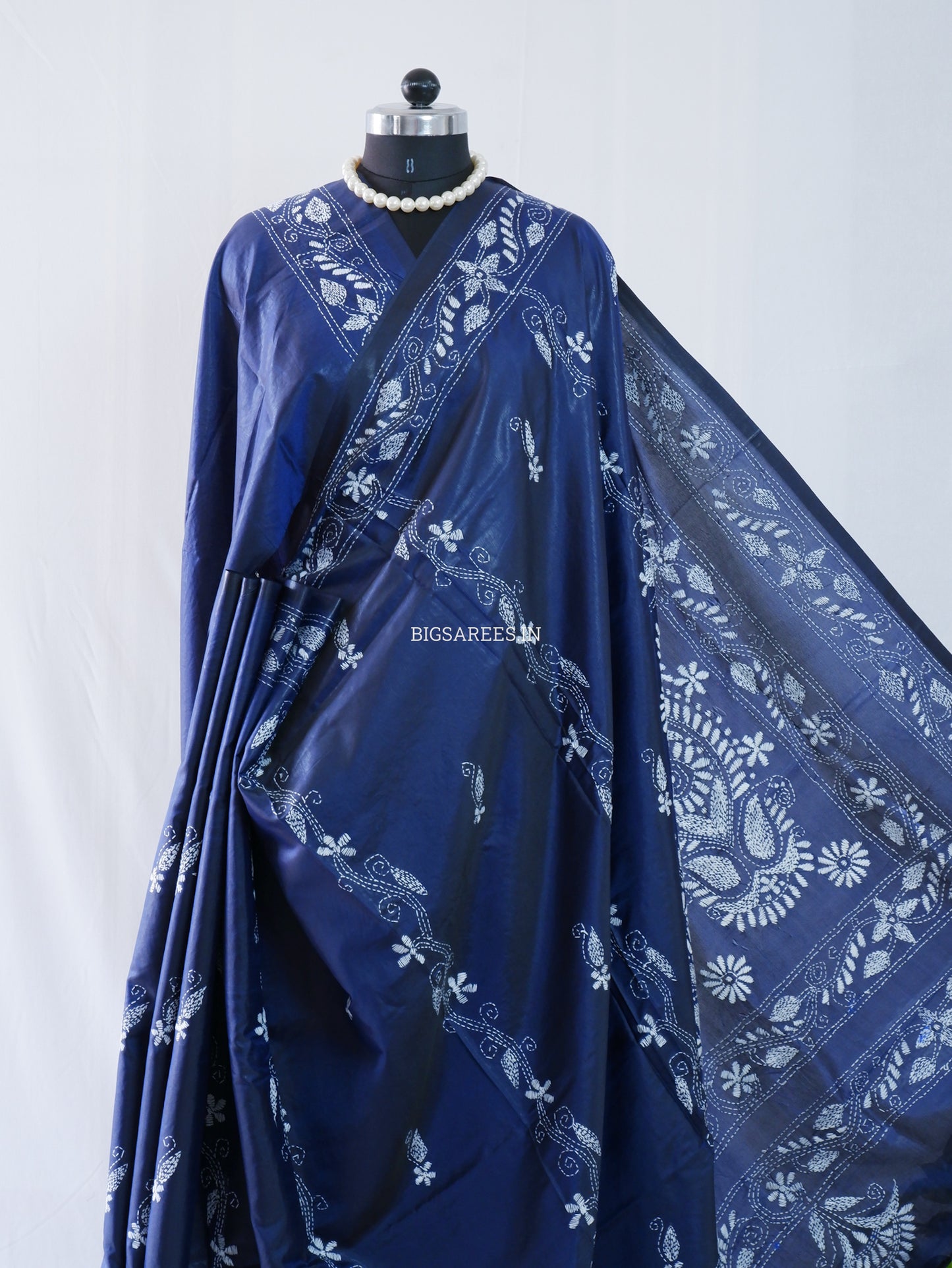 Kantha-Stitch Hand Embroidered Saree | Blended Bangalore Silk / Art Silk | Elegant Blue