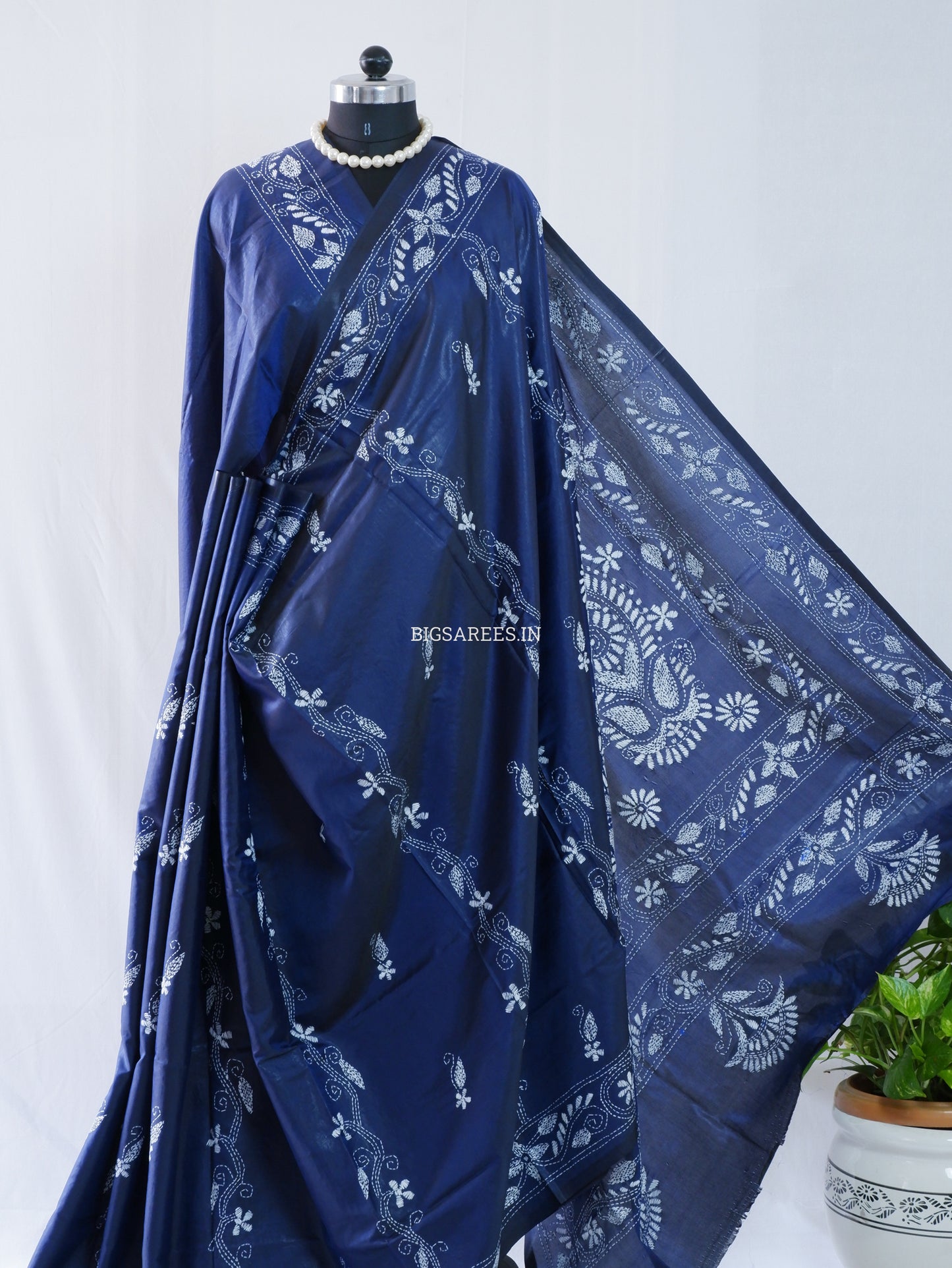 Kantha-Stitch Hand Embroidered Saree | Blended Bangalore Silk / Art Silk | Elegant Blue