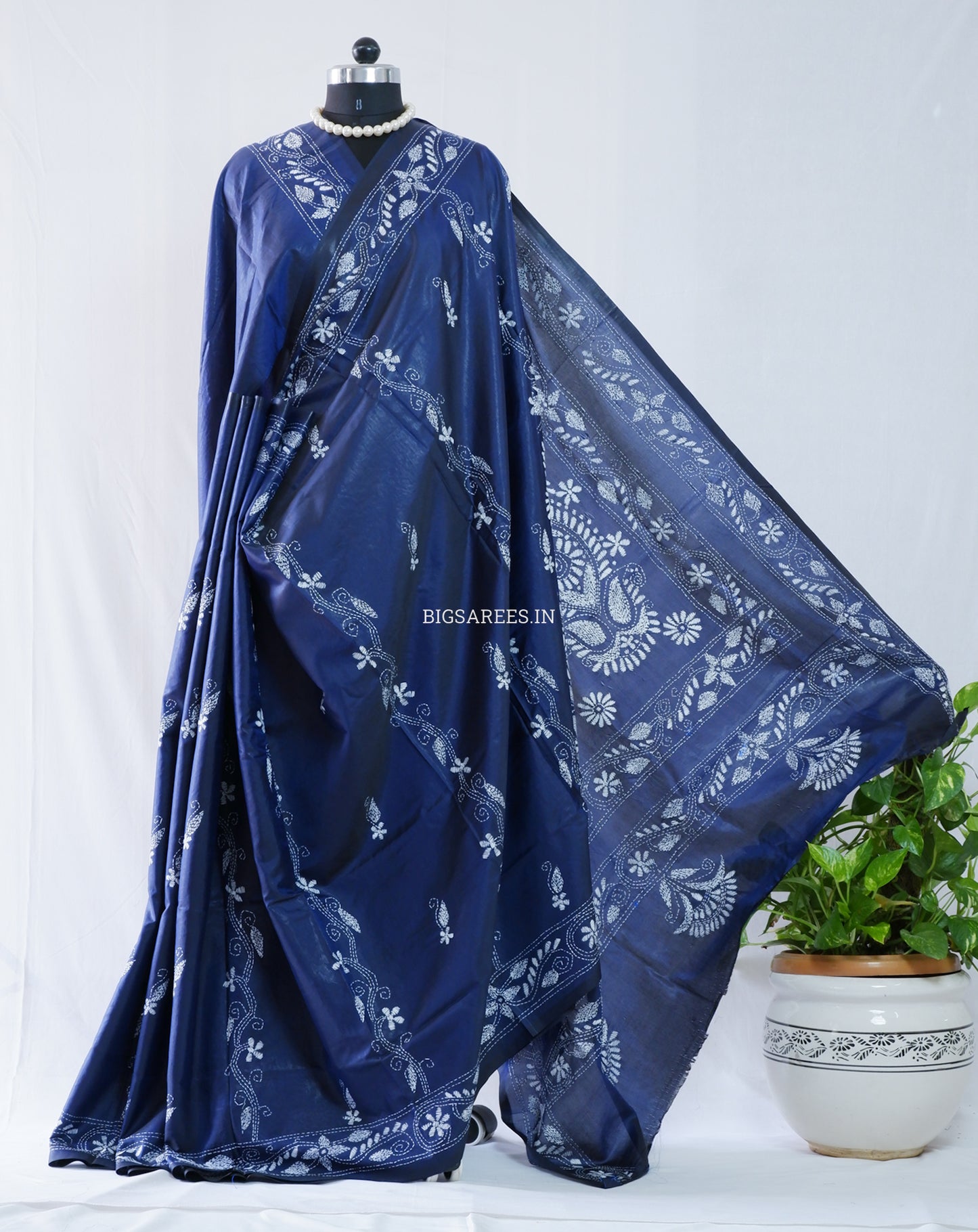 Kantha-Stitch Hand Embroidered Saree | Blended Bangalore Silk / Art Silk | Elegant Blue
