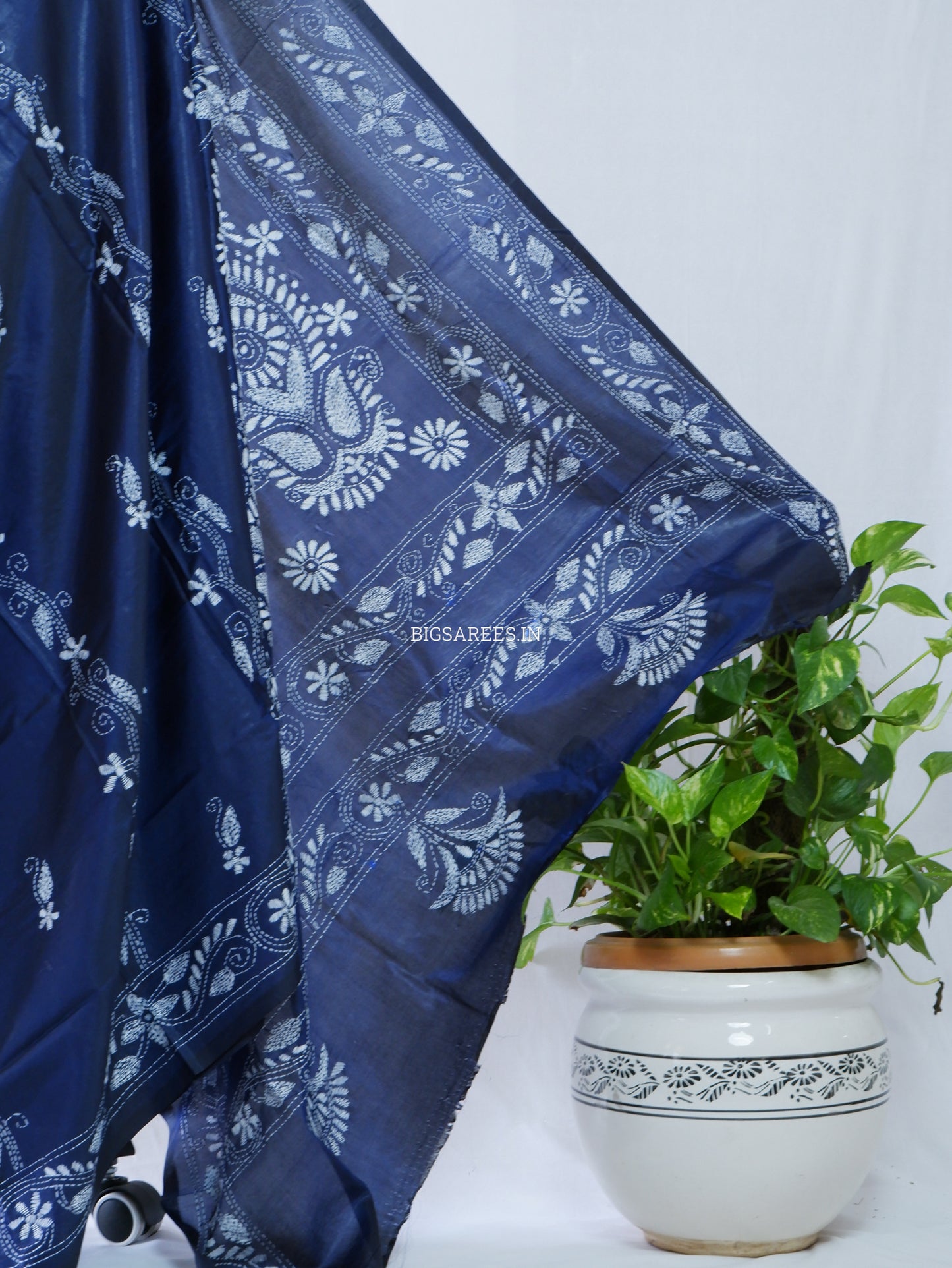 Kantha-Stitch Hand Embroidered Saree | Blended Bangalore Silk / Art Silk | Elegant Blue