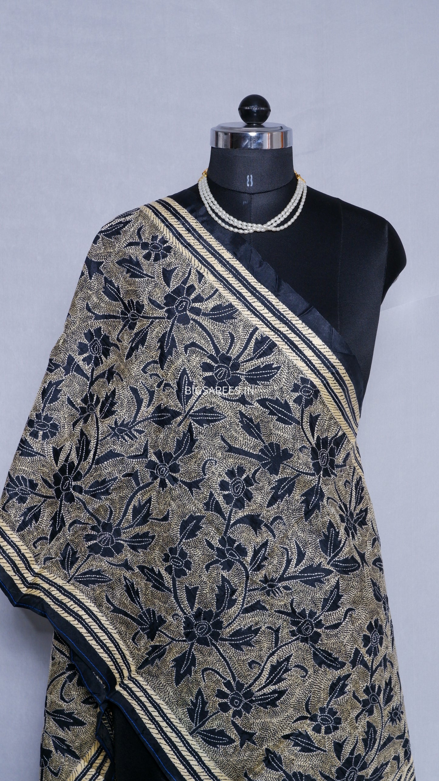 Kantha Art Silk Stole | Dark Navy Blue | 22" |