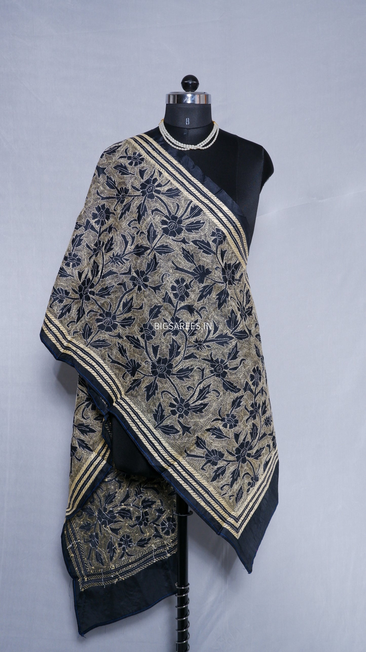 Kantha Art Silk Stole | Dark Navy Blue | 22" |