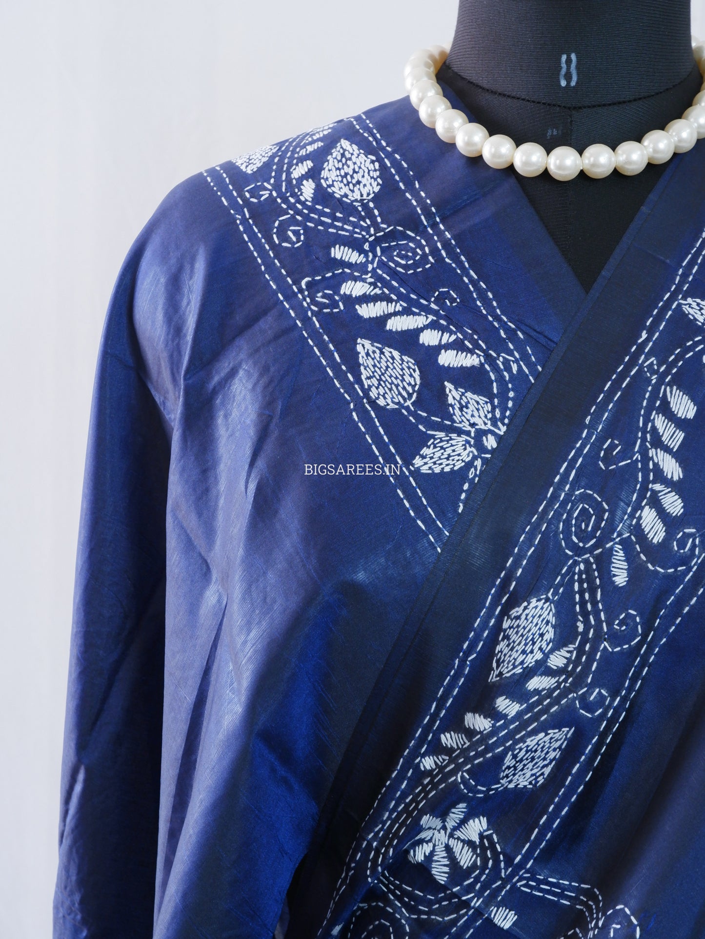 Kantha-Stitch Hand Embroidered Saree | Blended Bangalore Silk / Art Silk | Elegant Blue