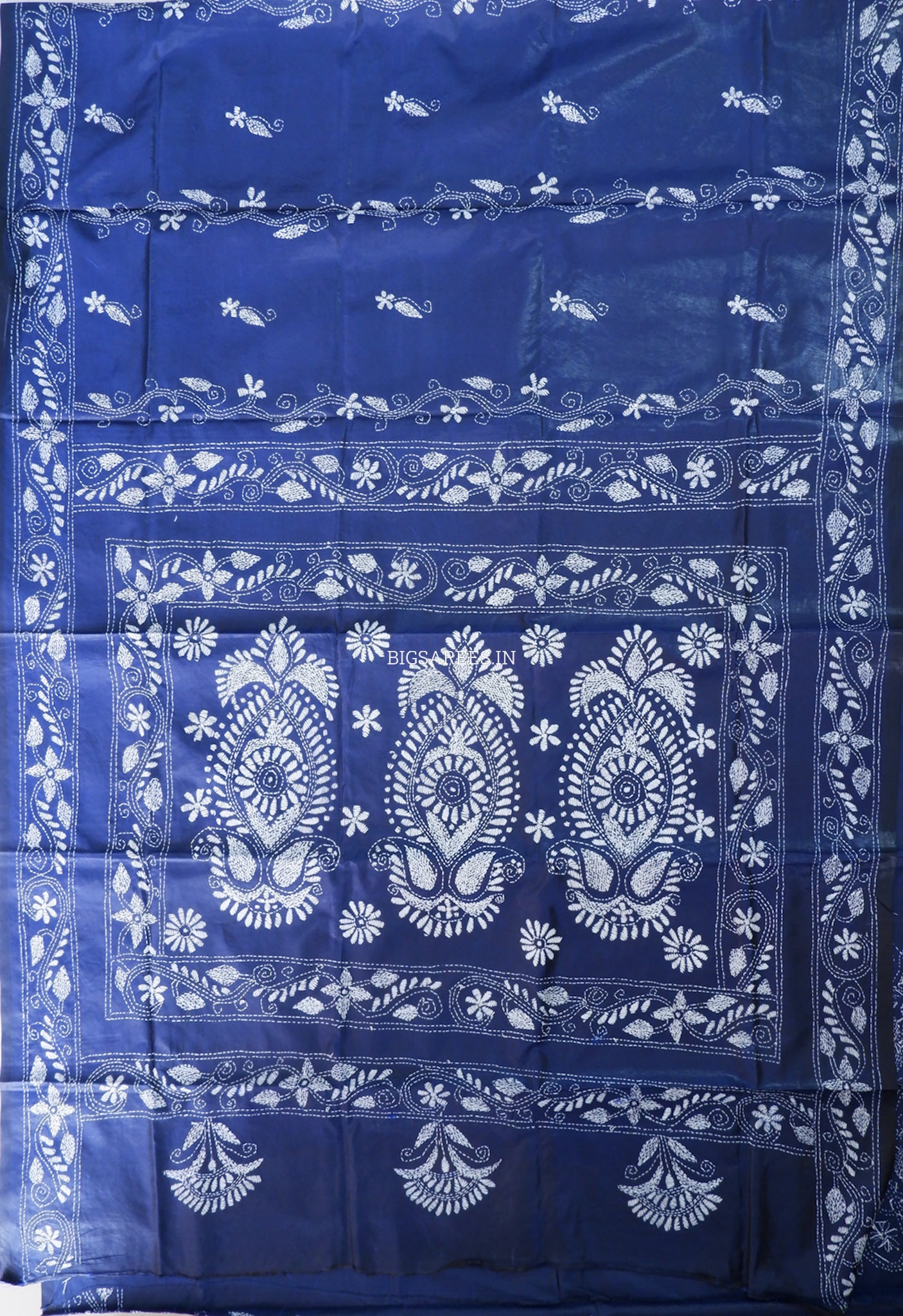 Kantha-Stitch Hand Embroidered Saree | Blended Bangalore Silk / Art Silk | Elegant Blue