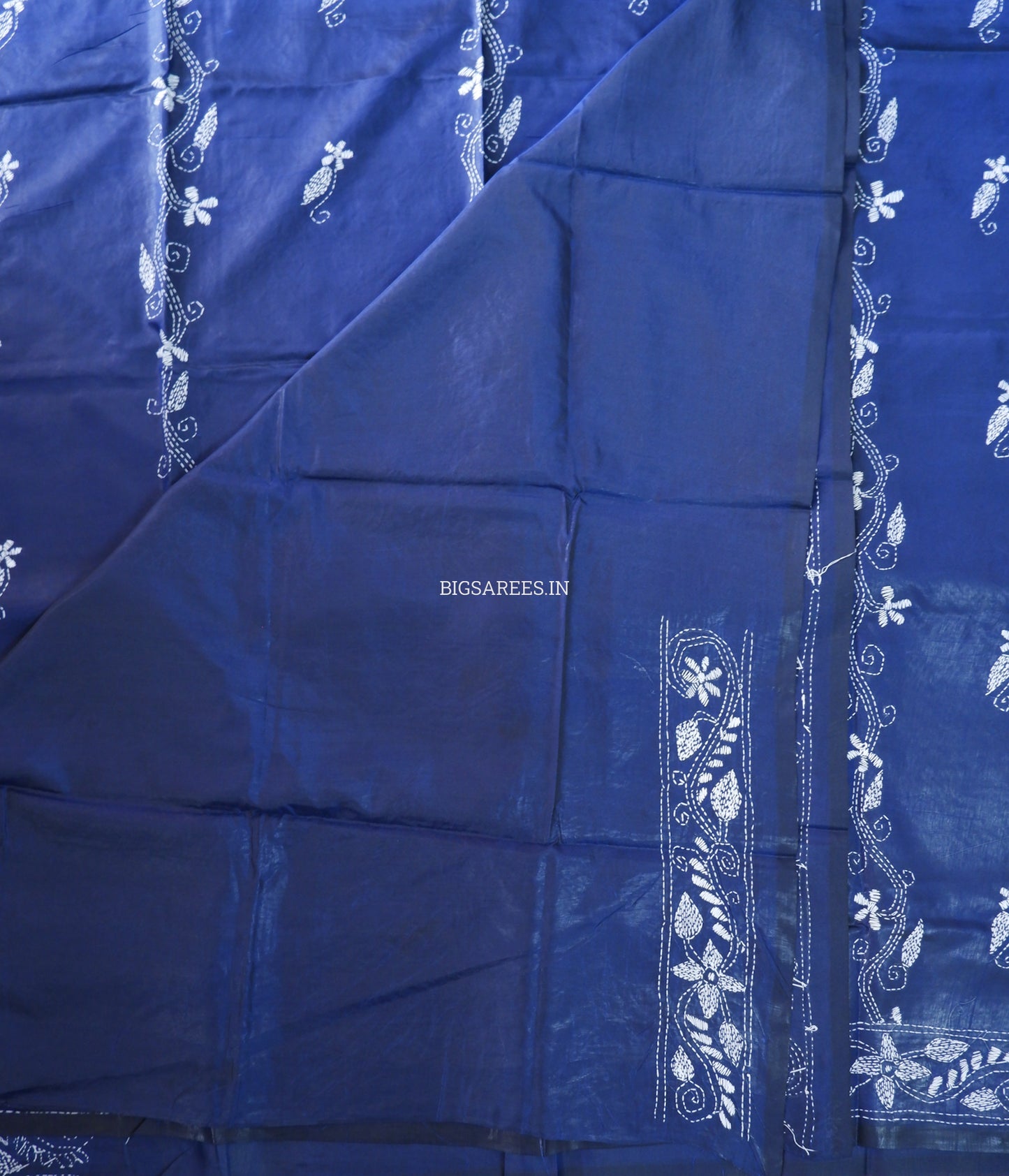 Kantha-Stitch Hand Embroidered Saree | Blended Bangalore Silk / Art Silk | Elegant Blue