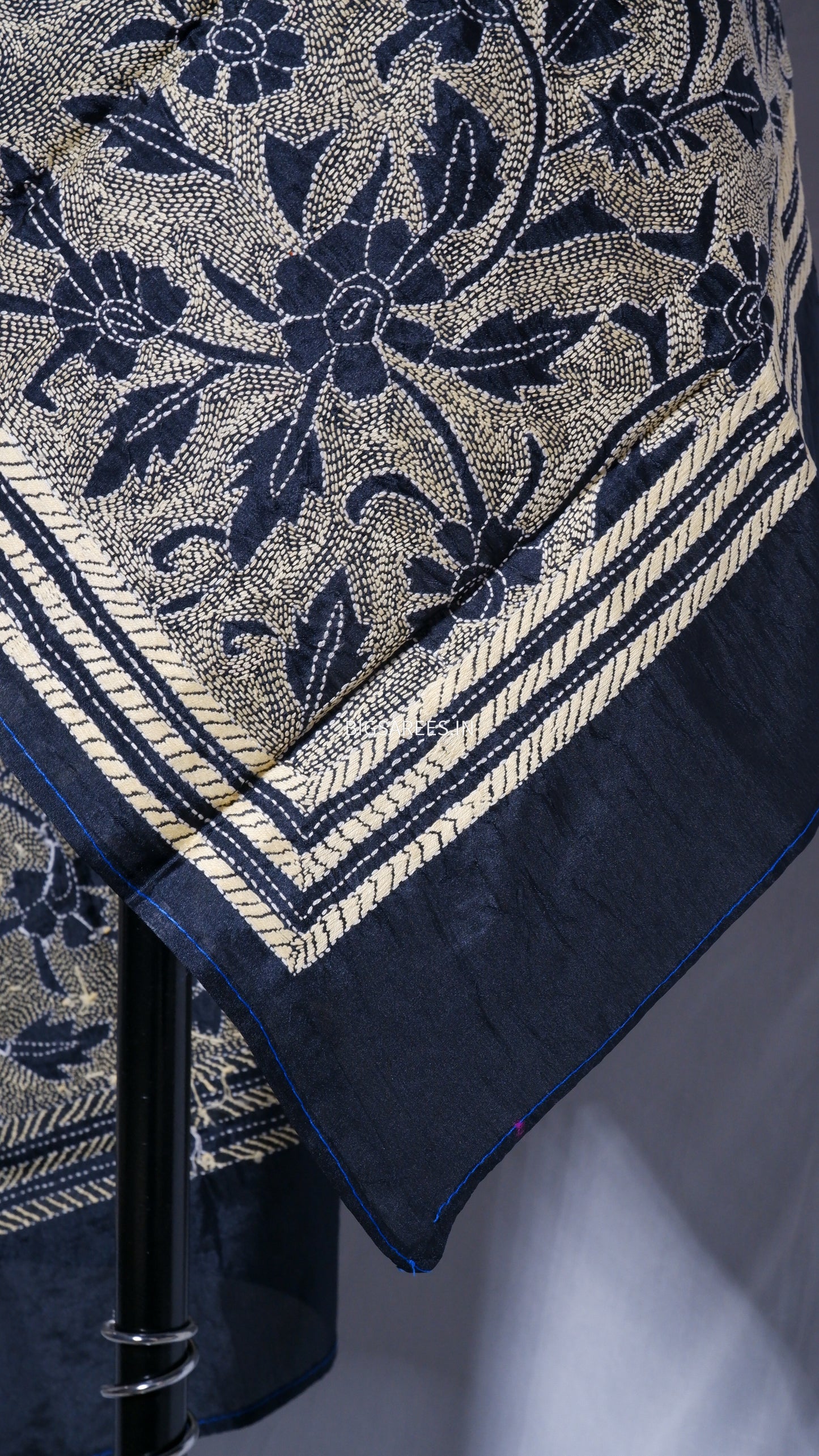 Kantha Art Silk Stole | Dark Navy Blue | 22" |