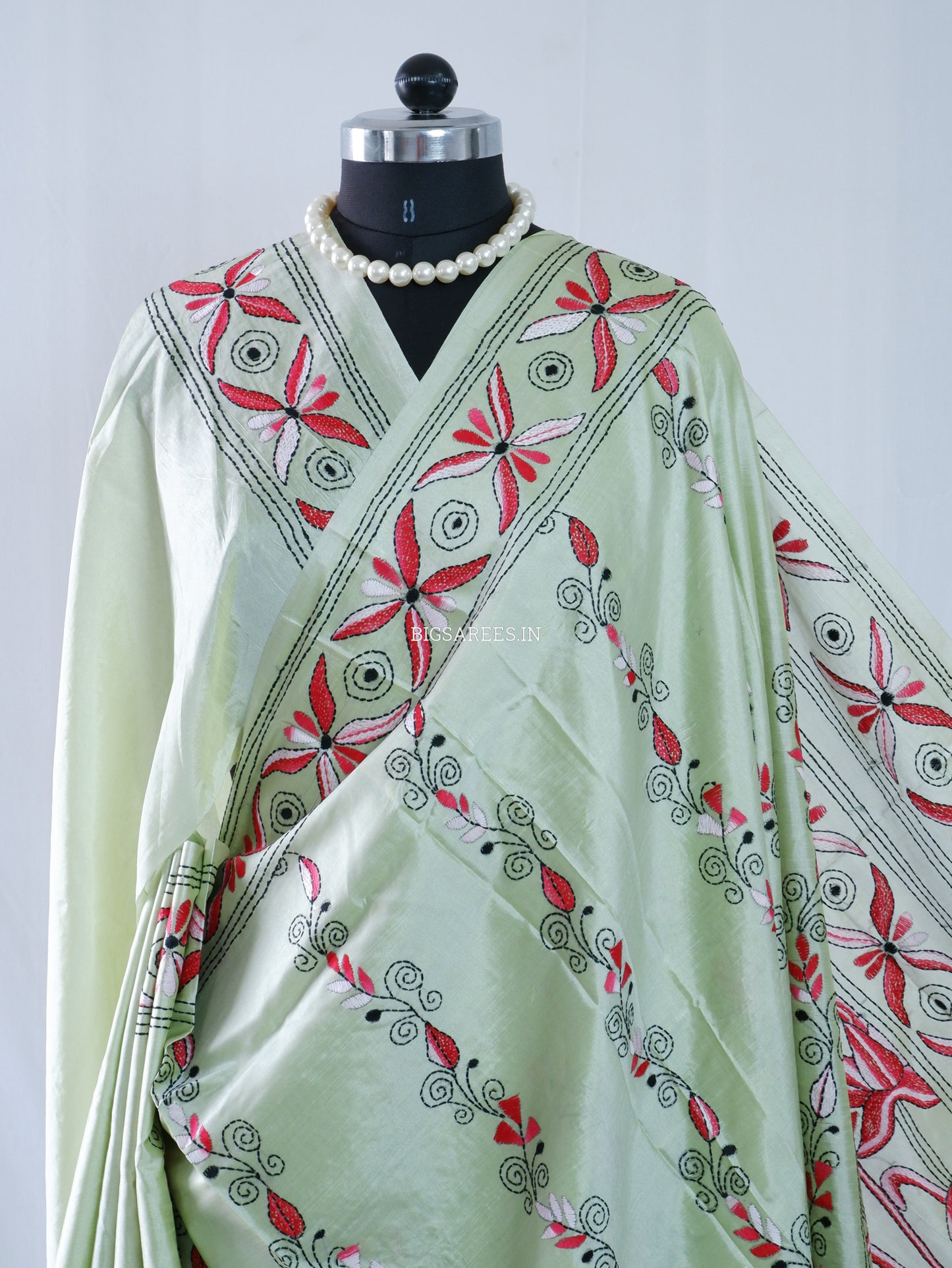 Kantha - Stitch Hand Embroidered Saree| Blended Bangalore Silk / Art Silk | Mint Green