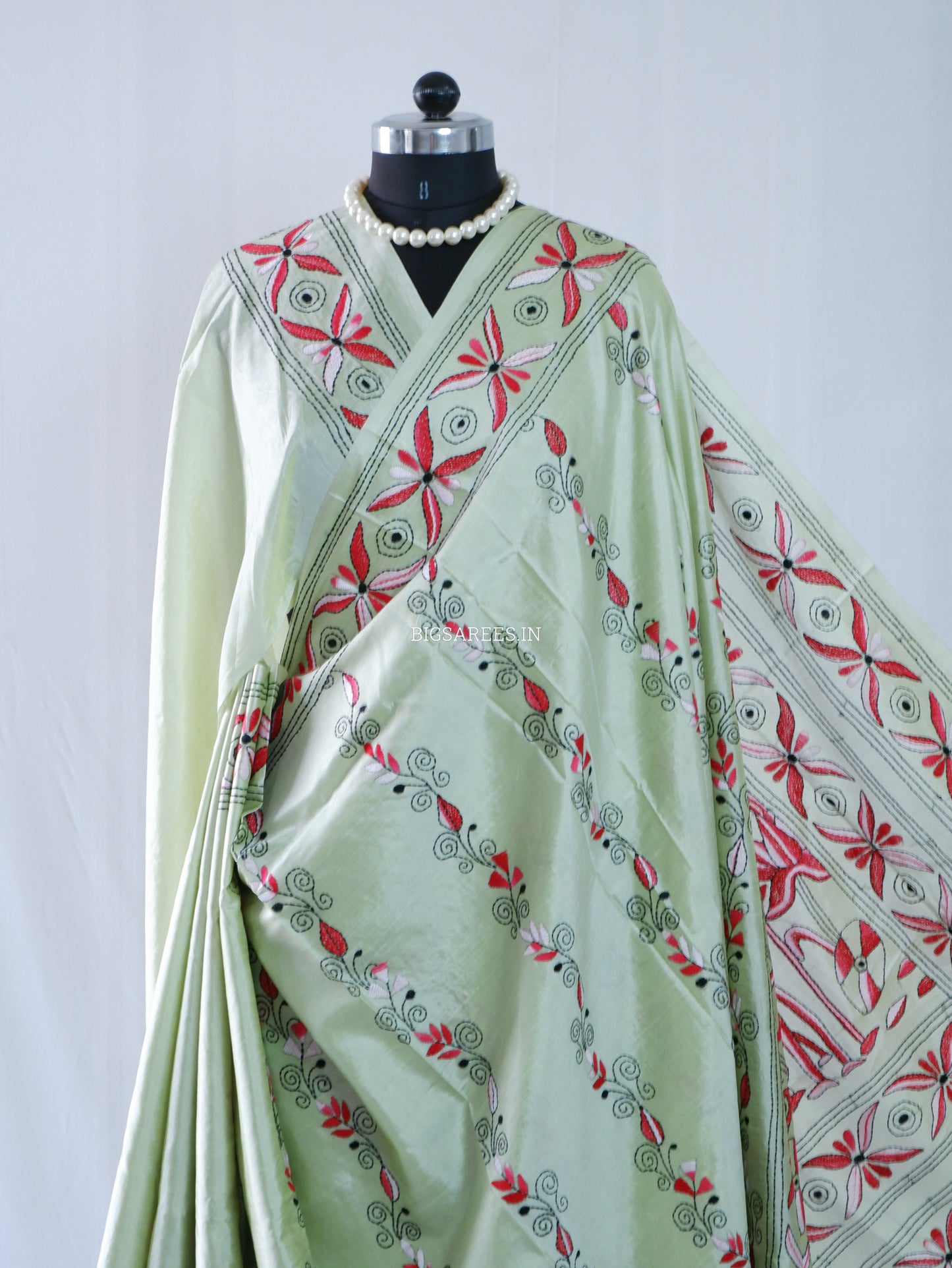 Kantha - Stitch Hand Embroidered Saree| Blended Bangalore Silk / Art Silk | Mint Green