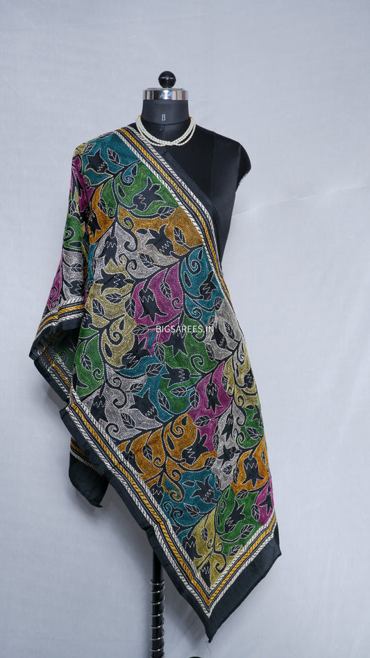 Kantha Art Silk Stole | Black | 22" |