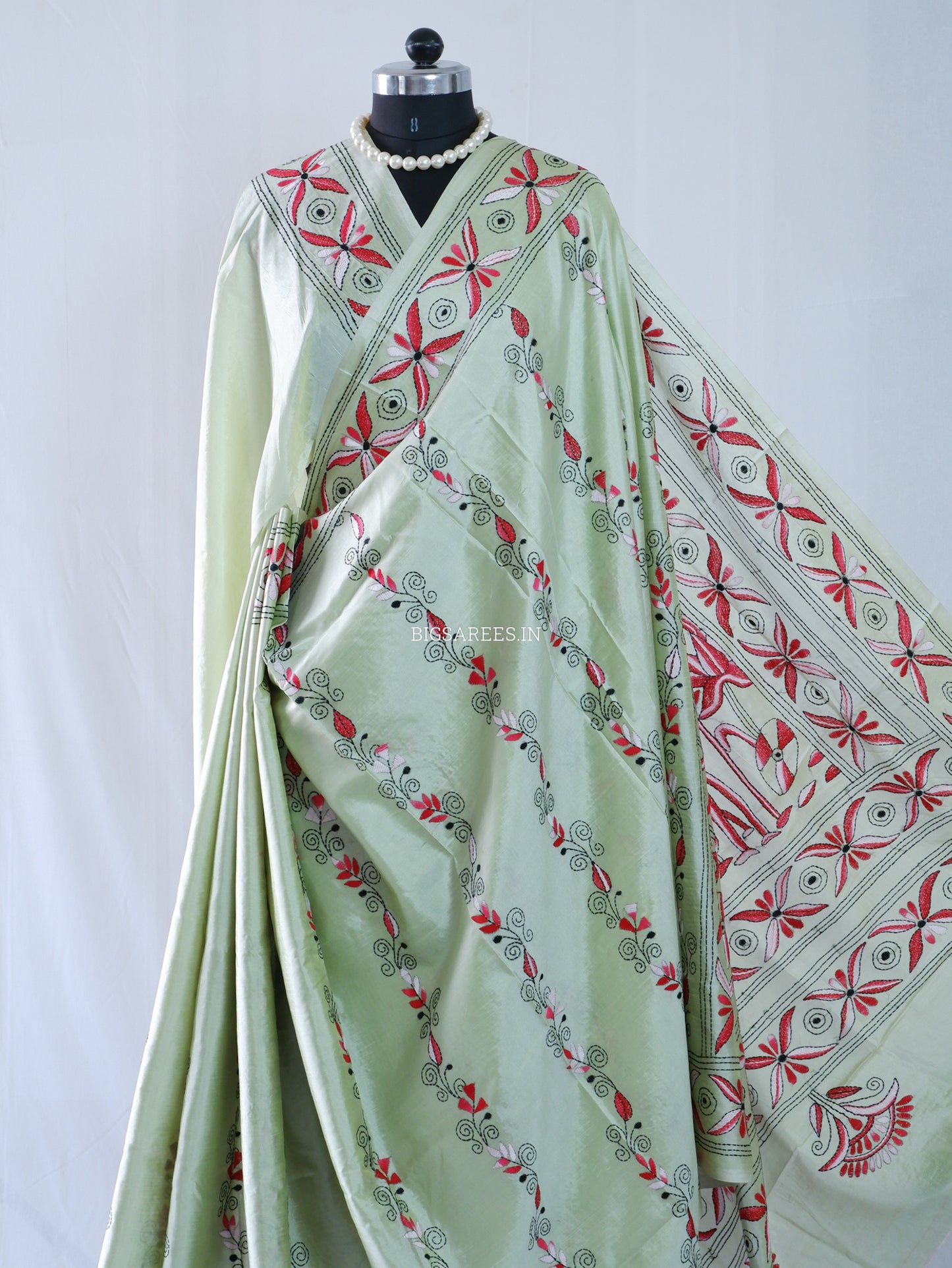 Kantha - Stitch Hand Embroidered Saree| Blended Bangalore Silk / Art Silk | Mint Green