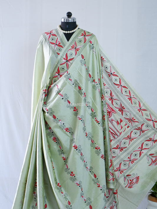 Kantha - Stitch Hand Embroidered Saree| Blended Bangalore Silk / Art Silk | Mint Green