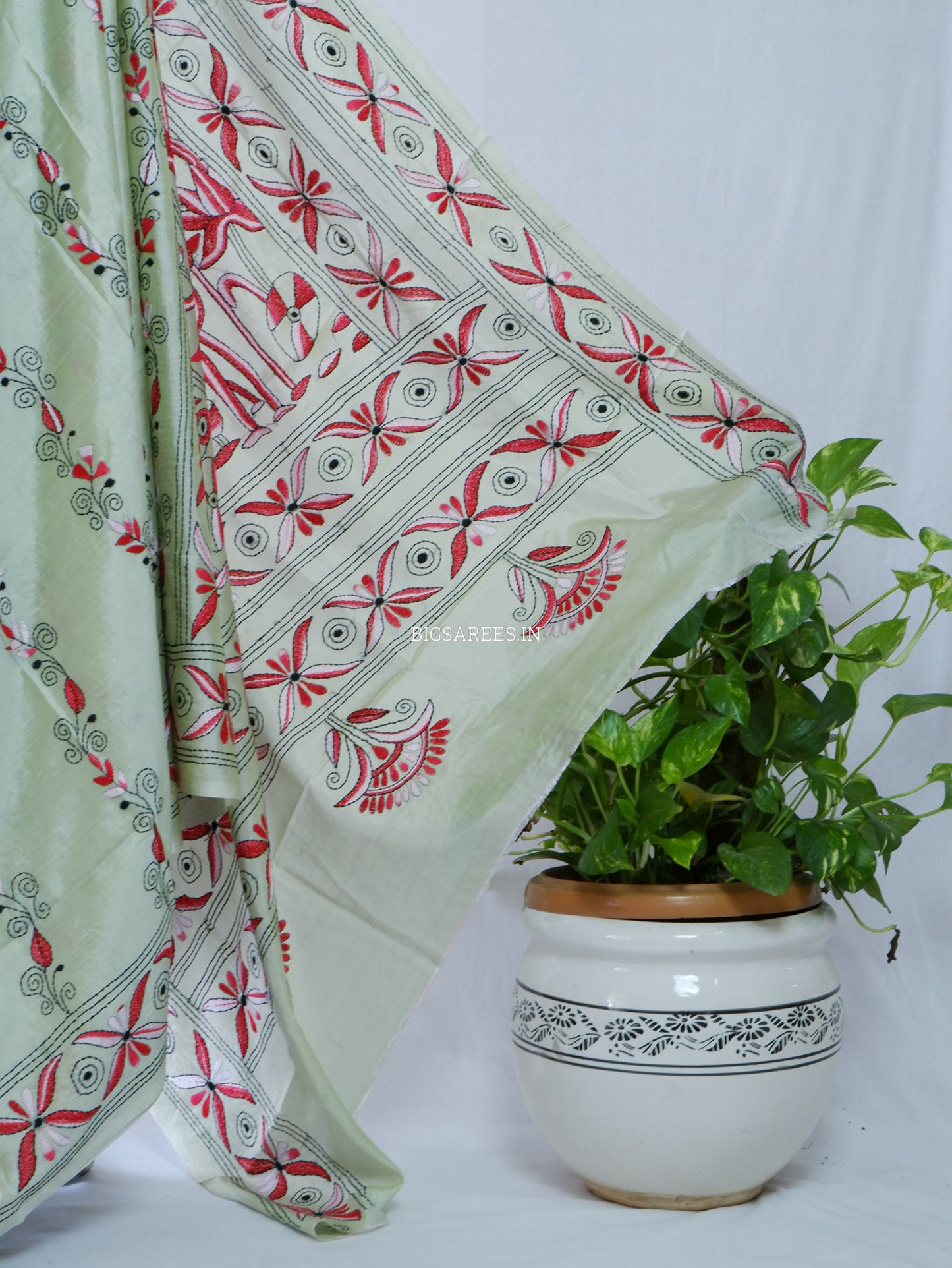Kantha - Stitch Hand Embroidered Saree| Blended Bangalore Silk / Art Silk | Mint Green