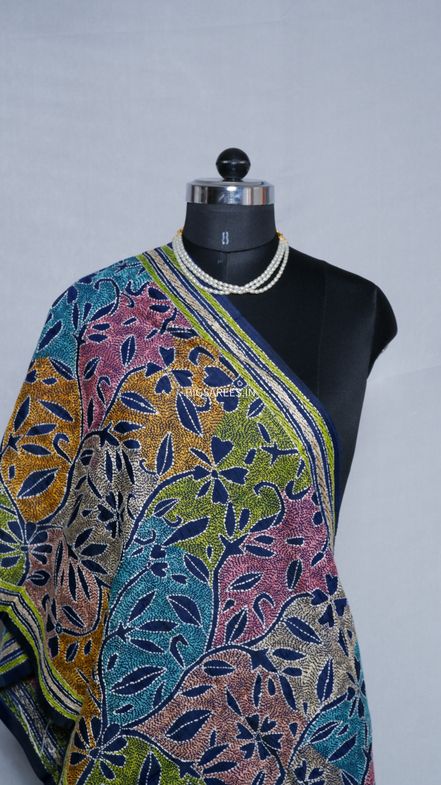 Kantha Art Silk Stole | Dark Navy Blue | 22" |