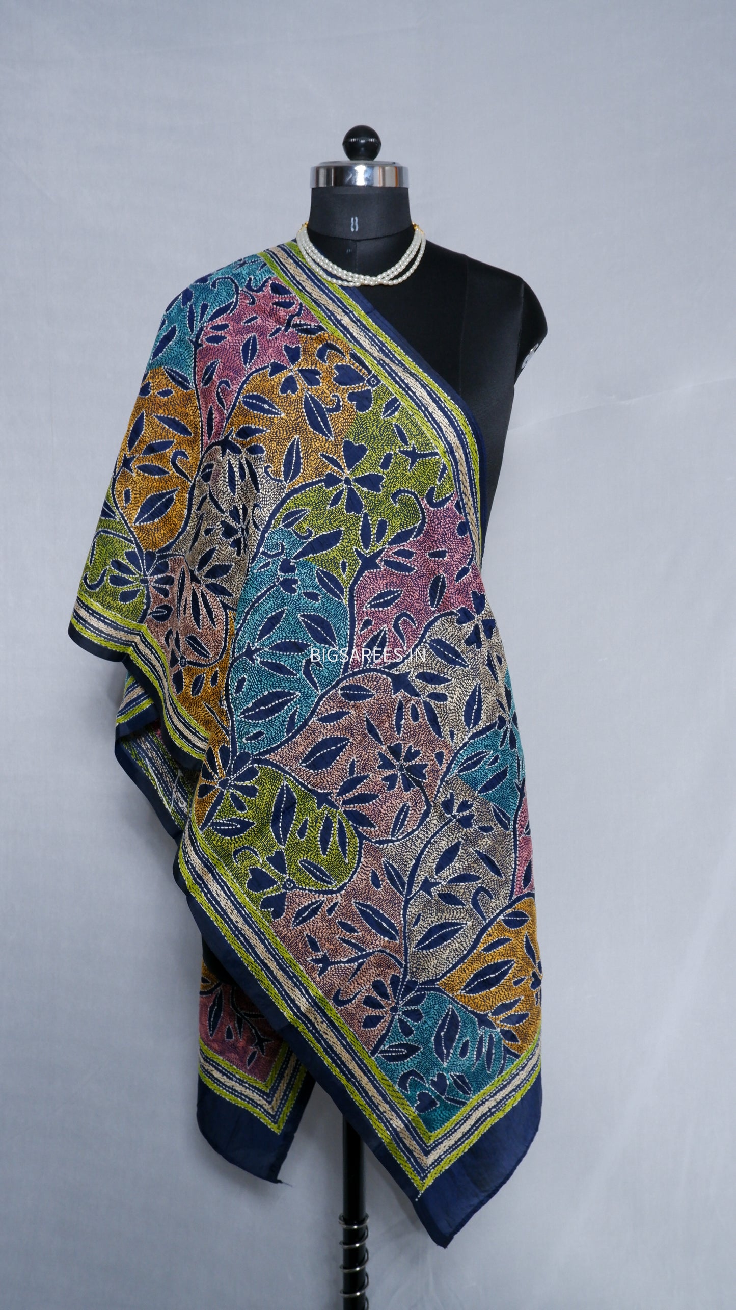 Kantha Art Silk Stole | Dark Navy Blue | 22" |