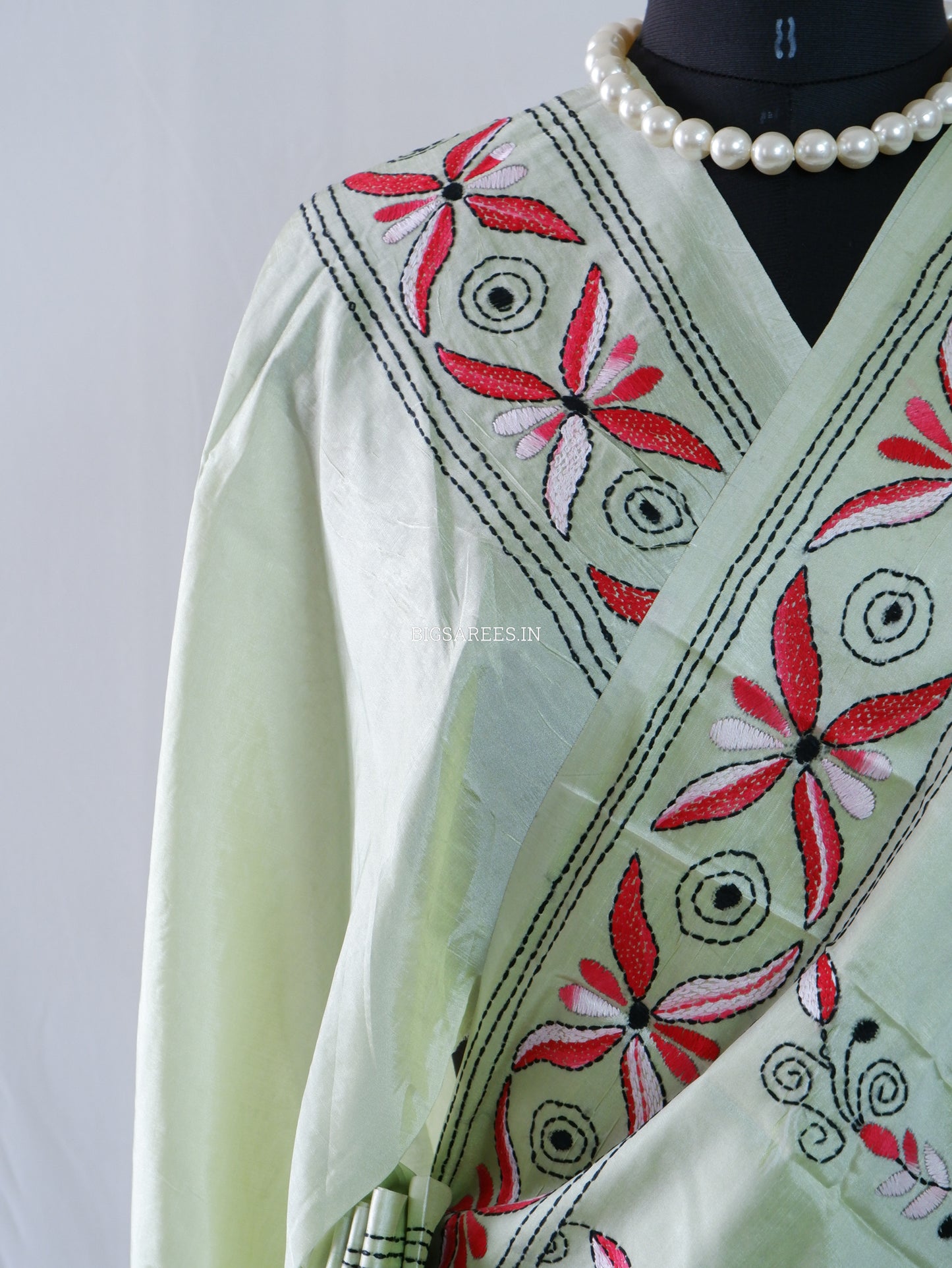 Kantha - Stitch Hand Embroidered Saree| Blended Bangalore Silk / Art Silk | Mint Green