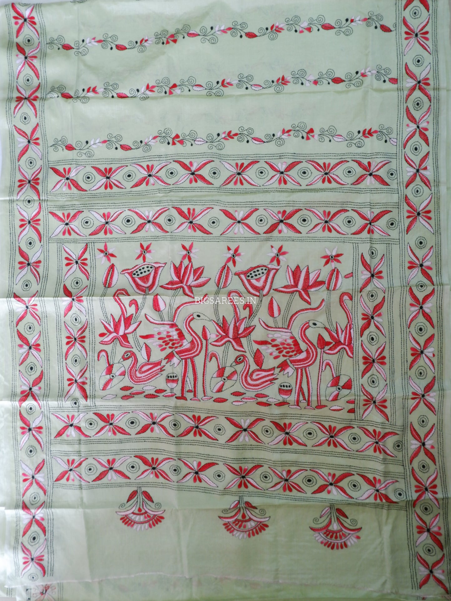 Kantha - Stitch Hand Embroidered Saree| Blended Bangalore Silk / Art Silk | Mint Green