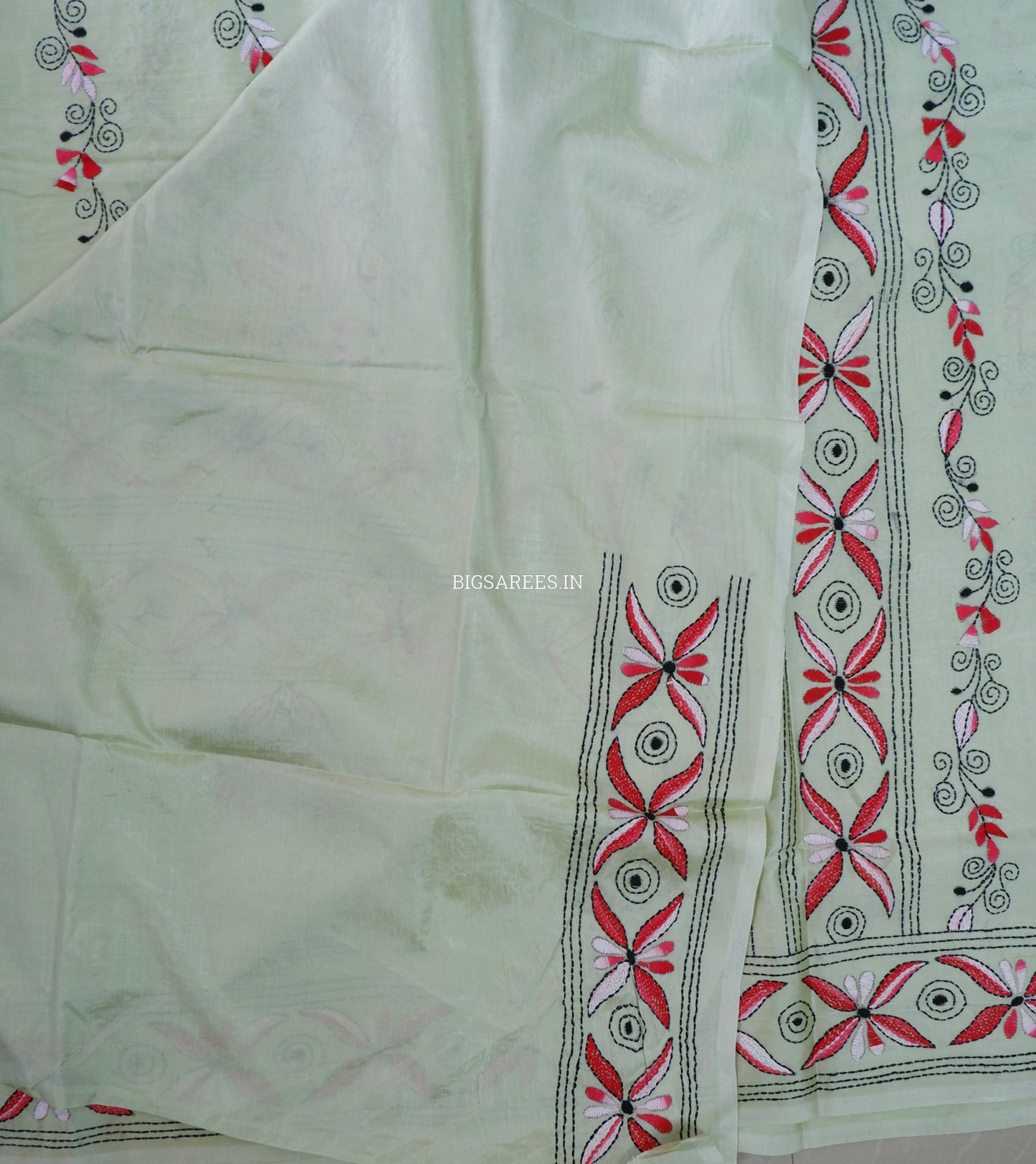 Kantha - Stitch Hand Embroidered Saree| Blended Bangalore Silk / Art Silk | Mint Green