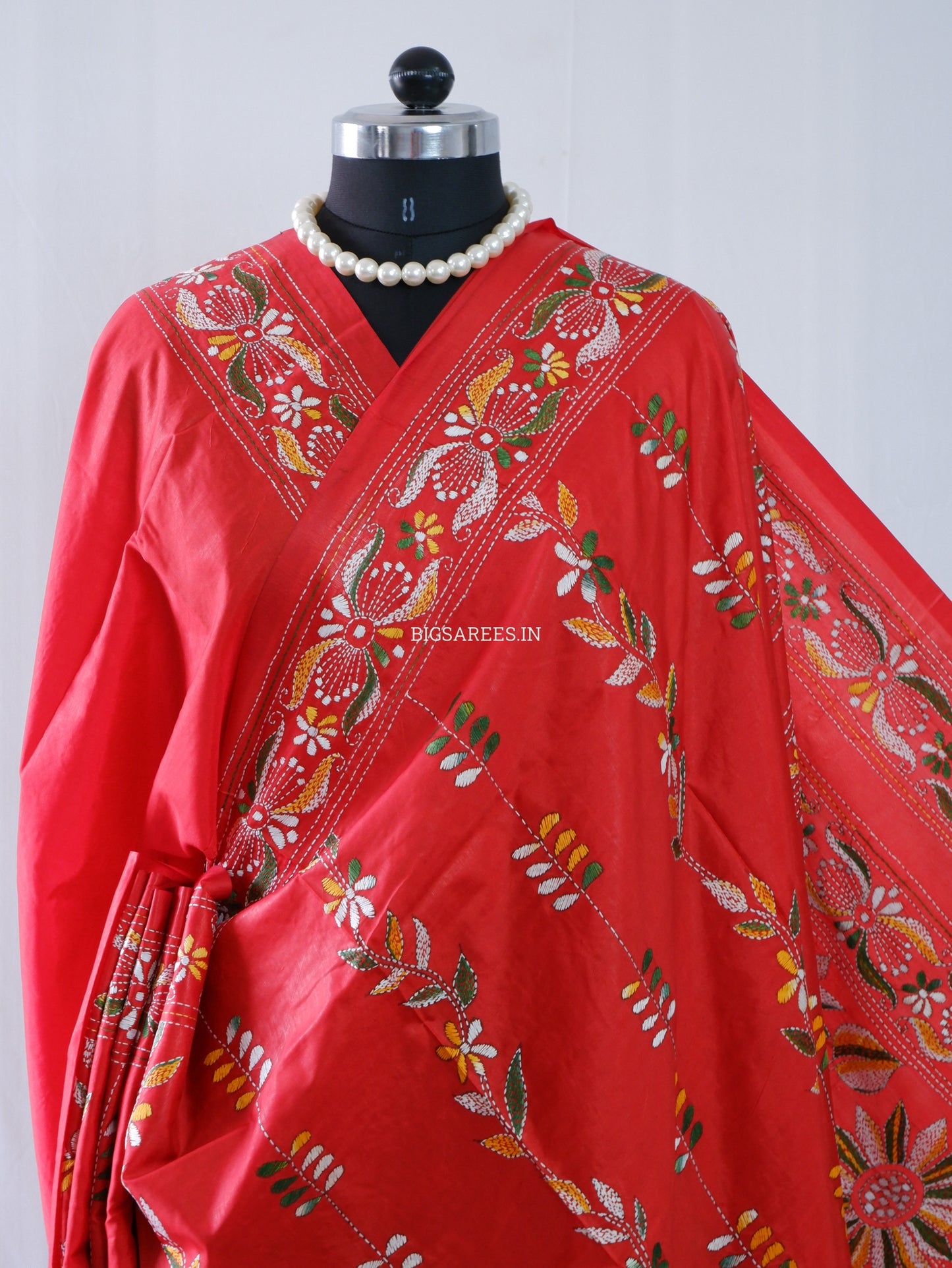 Kantha-Stitch Hand Embroidered Saree | Blended Bangalore Silk / Art Silk | Red