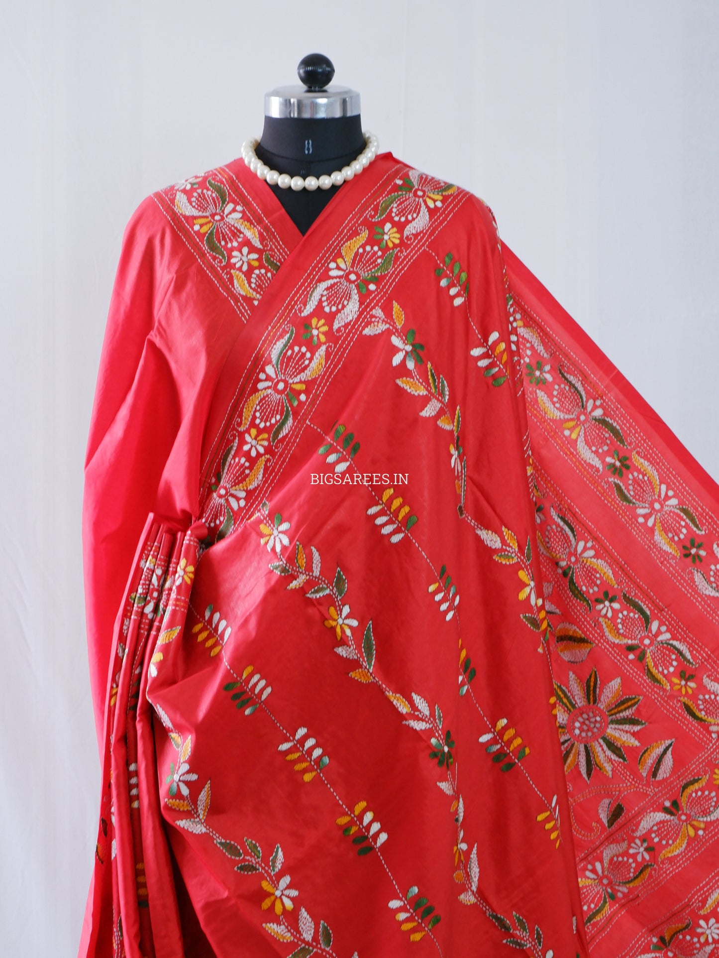 Kantha-Stitch Hand Embroidered Saree | Blended Bangalore Silk / Art Silk | Red