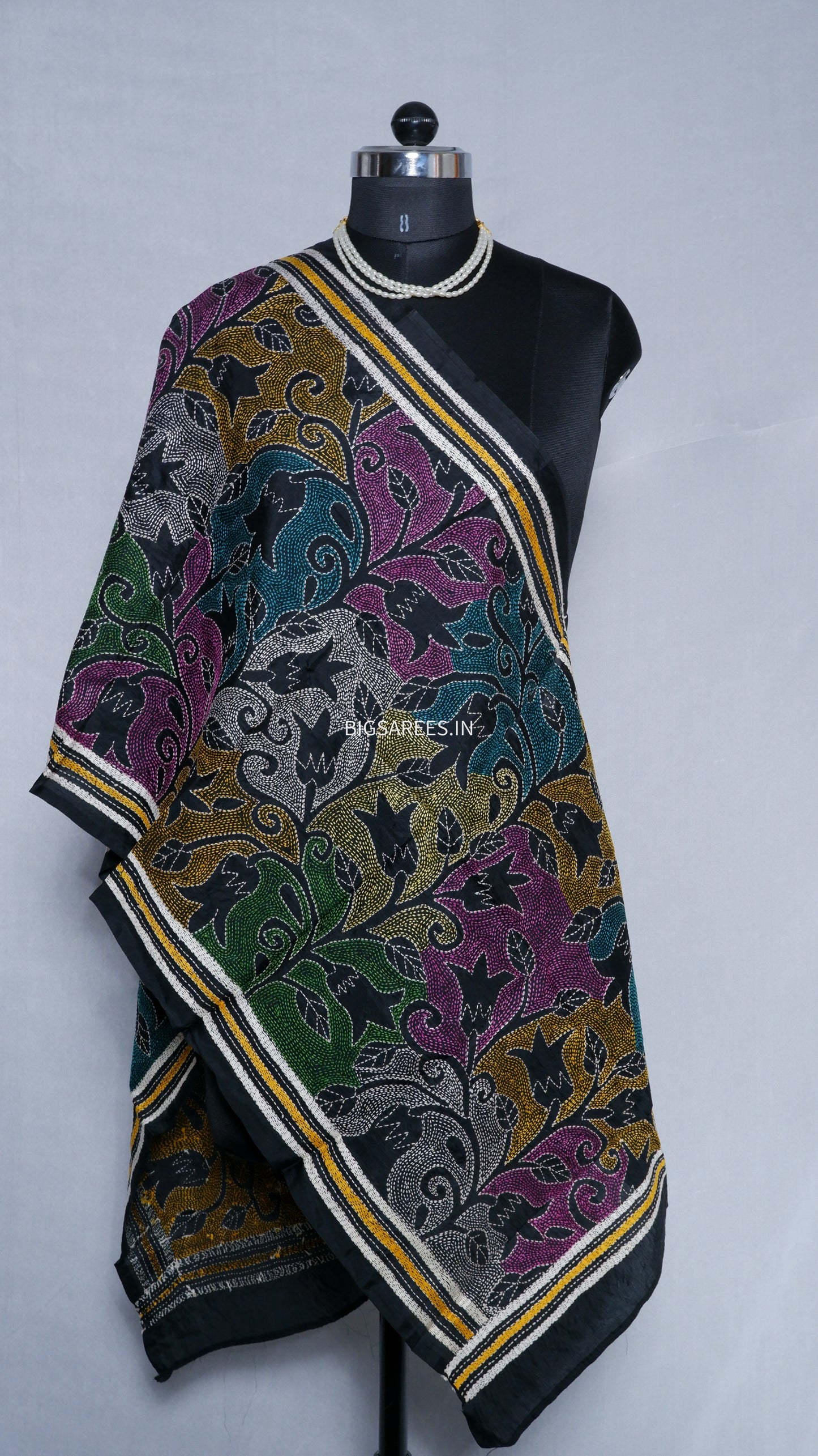 Kantha Art Silk Stole | Black | 22" |