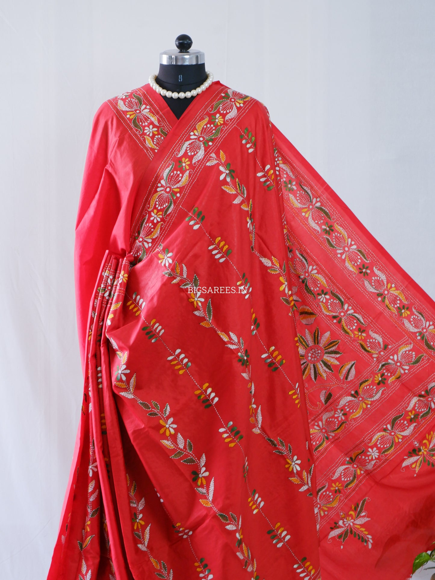 Kantha-Stitch Hand Embroidered Saree | Blended Bangalore Silk / Art Silk | Red